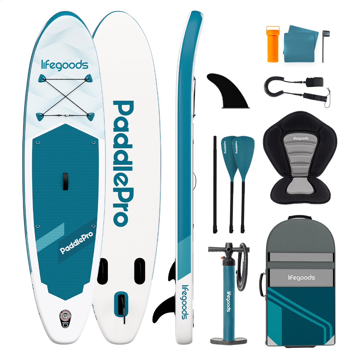 Blau-weißes Paddleboard-Set mit Paddel, Pumpe, Sitz und Tasche auf weißem Hintergrund.