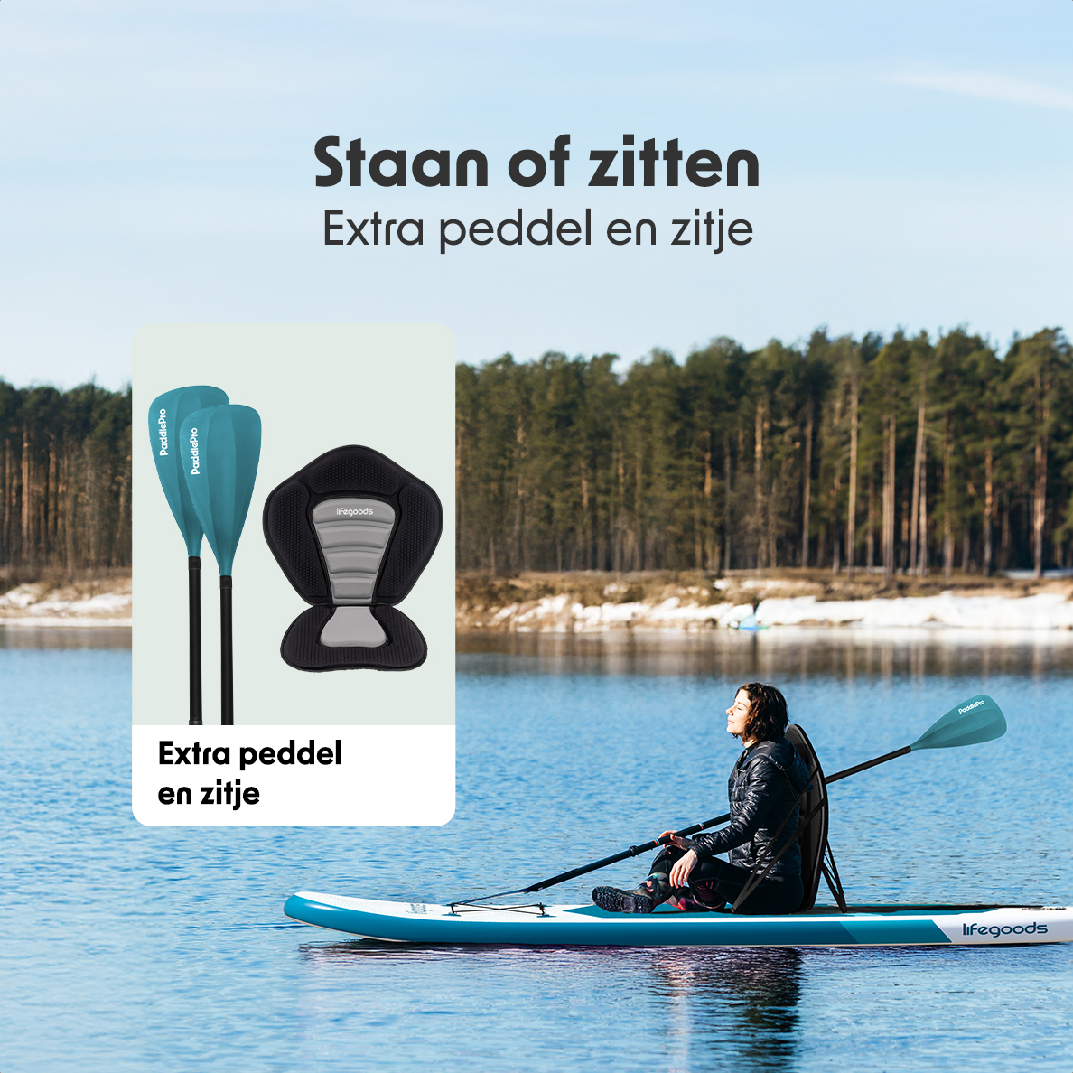 Frau sitzt auf blauem LifeGoods Paddleboard mit Sitz, Paddel und Waldkulisse.