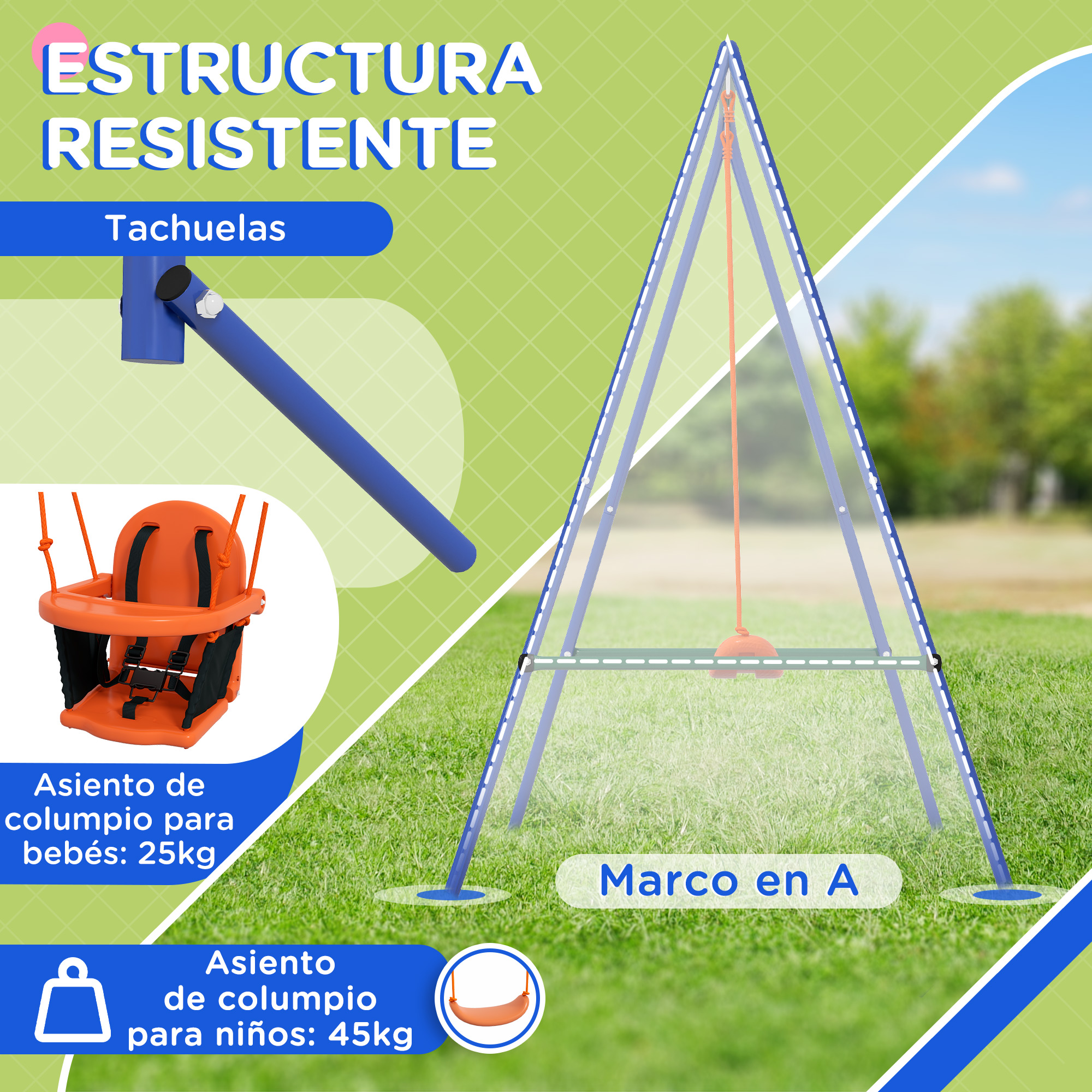 Columpio con estructura en A con un columpio para bebés, un columpio para niños pequeños y una barra de soporte azul.