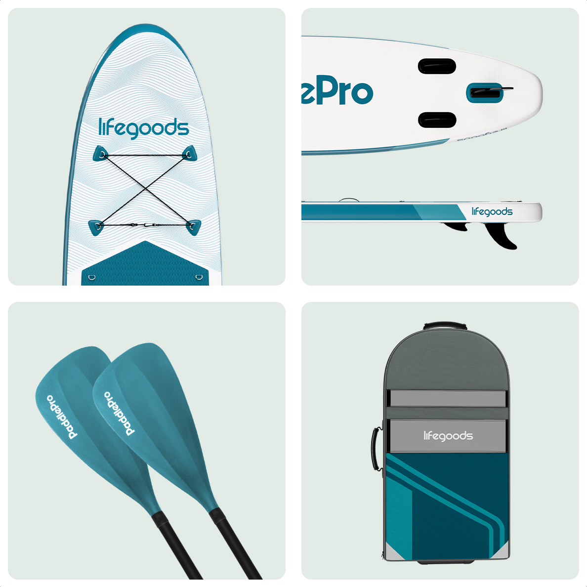 Collage von Stand-Up-Paddleboard-Teilen: Deck, Seitenansicht, Paddel und Tasche. Aqua- und Weißfarbschema.