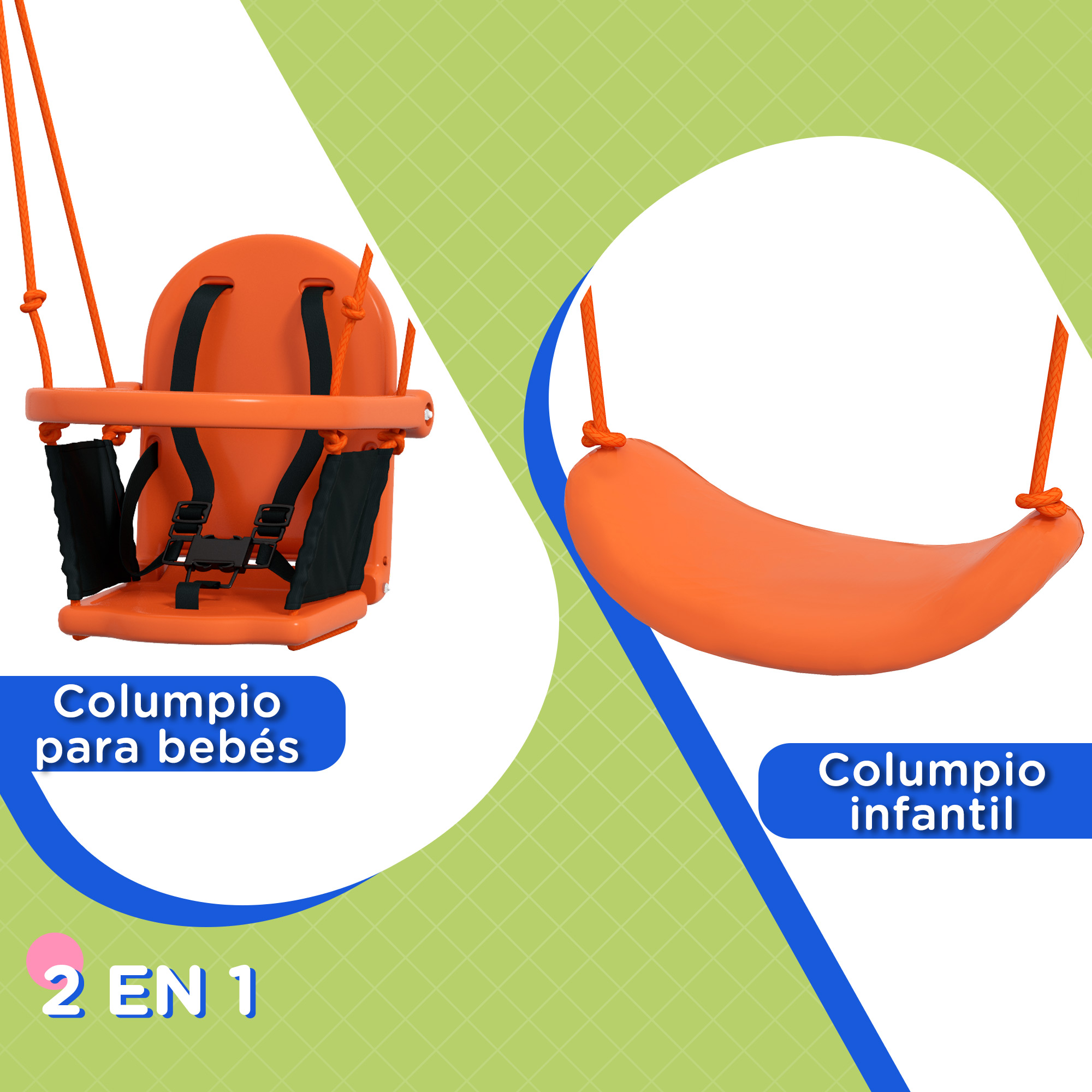 Un columpio naranja para bebés y un columpio para niños pequeños se muestran sobre un fondo dividido en verde y azul.
