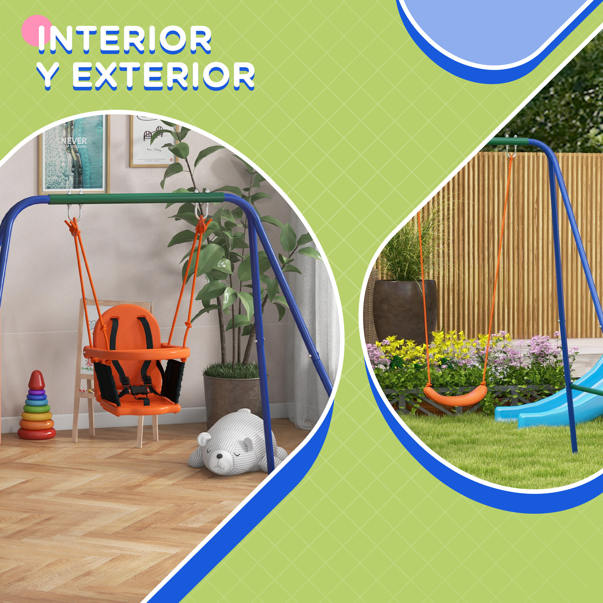 Un juego de columpios para bebés y niños pequeños, con un columpio naranja para bebés y un columpio tradicional, interior y exterior.
