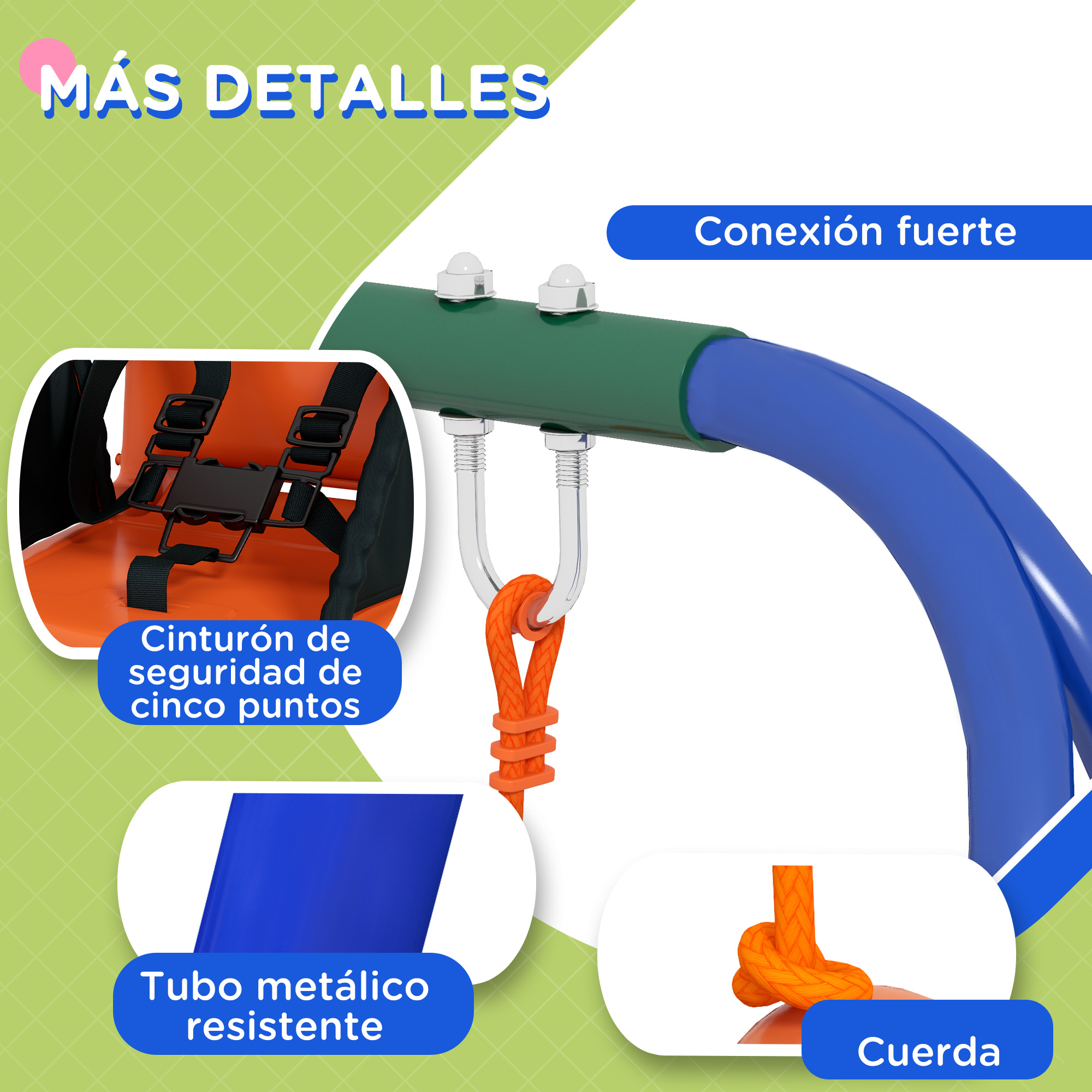 Primer plano de un columpio para bebés con correas de seguridad y soporte de metal, con etiquetas en español.