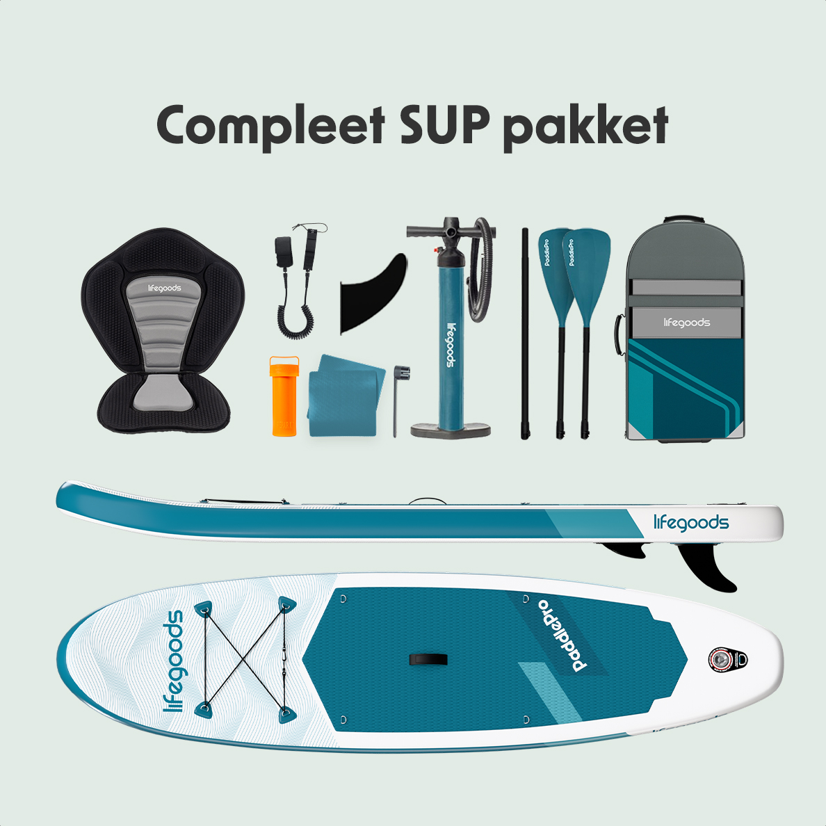 Ein komplettes SUP-Paket mit einem blauen Paddleboard, einer Pumpe, Paddeln, einem Sitz und einer Tragetasche auf Weiß.