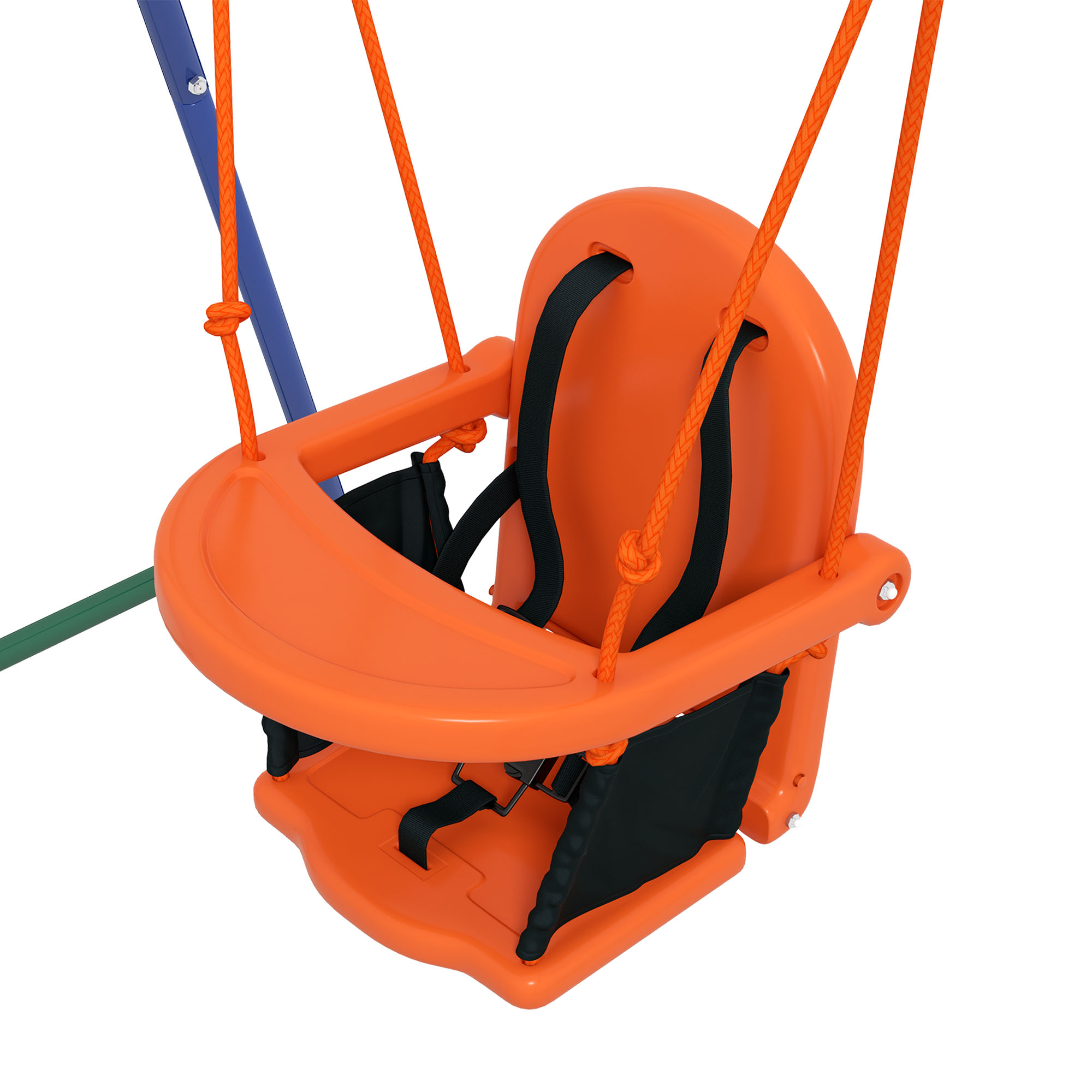 Un primer plano de un columpio naranja para bebés con correas y cuerdas negras, aislado sobre blanco.
