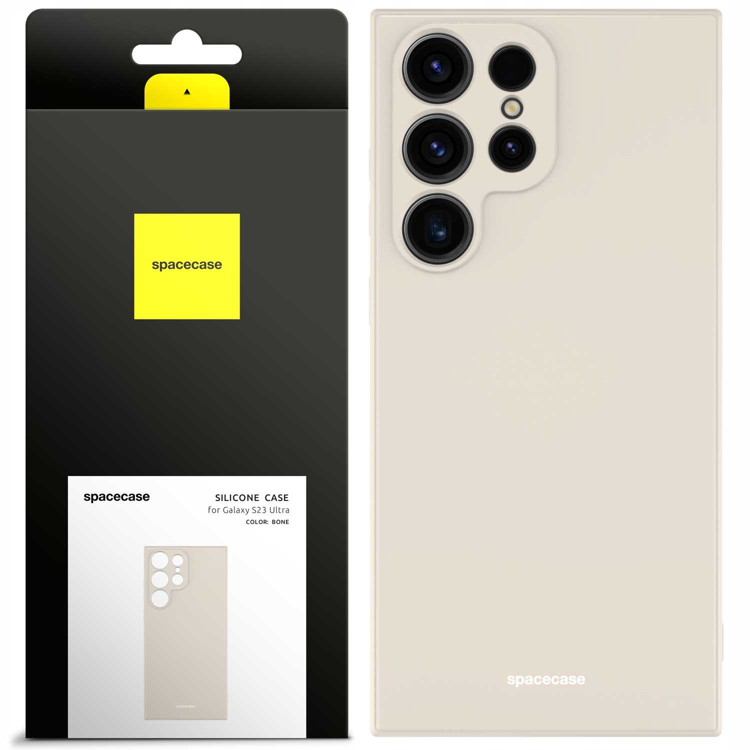 Beżowe etui na telefon Samsung S23 Ultra, pokazane z opakowaniem.