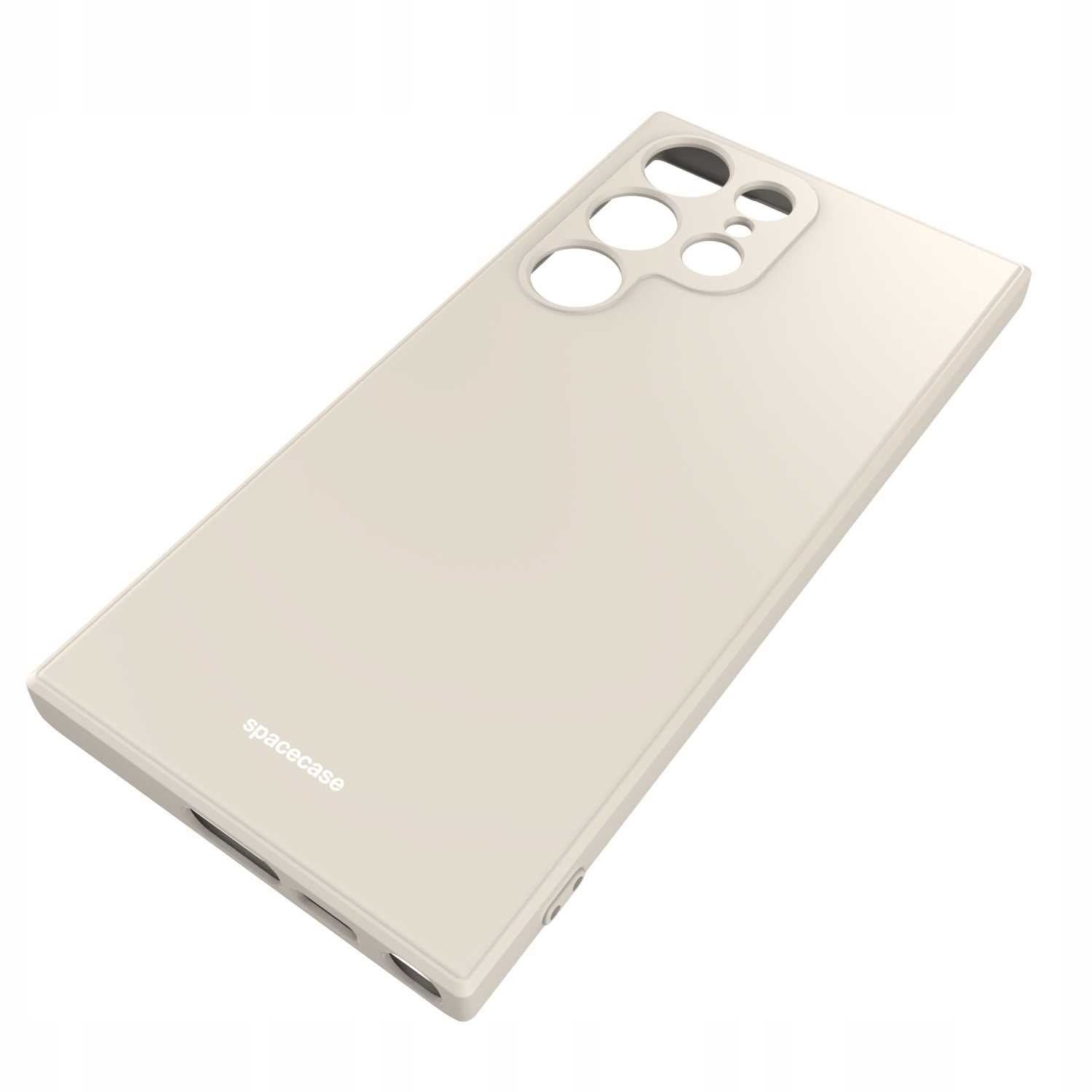 Beżowe etui na telefon z wycięciami na aparat, ustawione pod kątem, aby pokazać jego kształt.