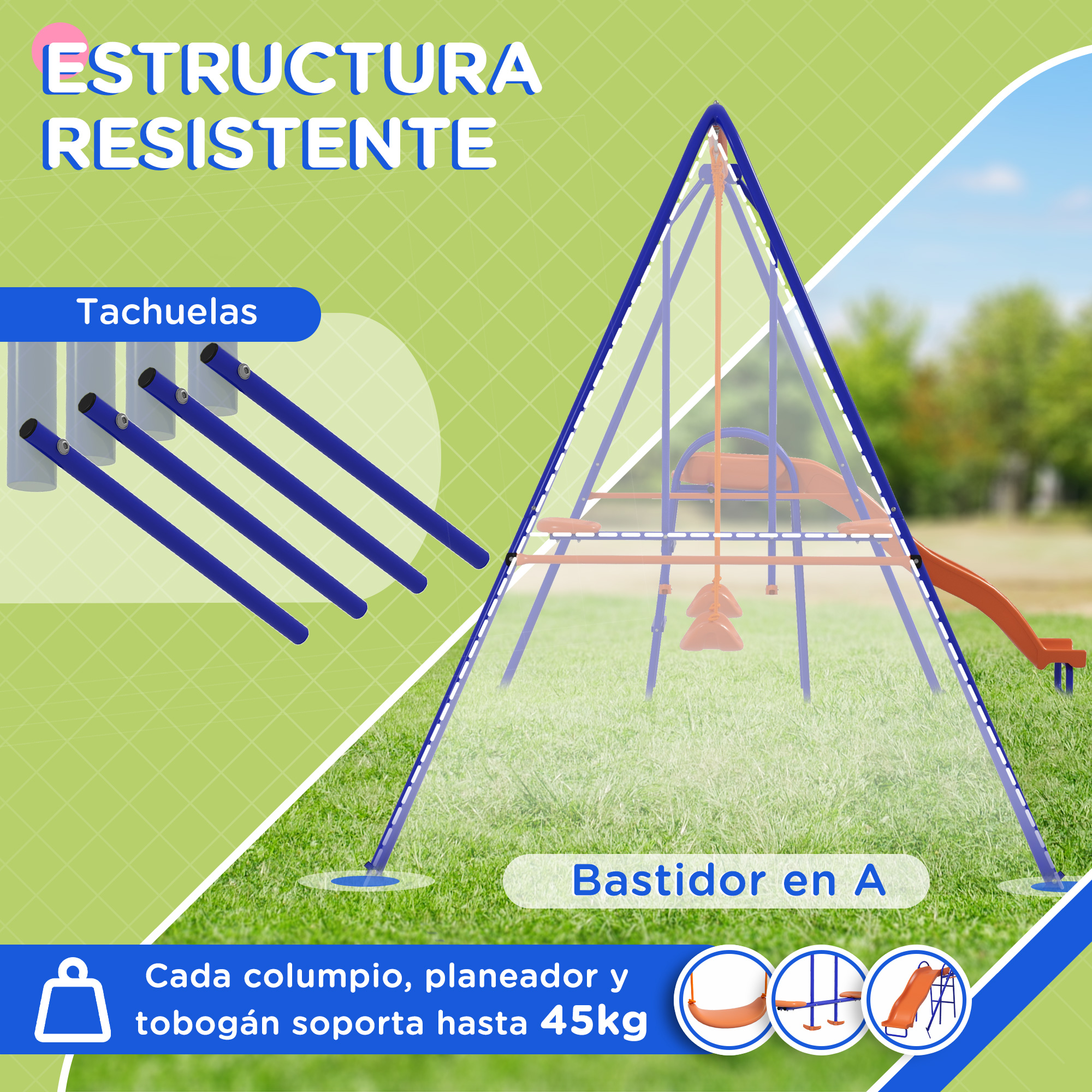 Juego infantil azul en forma de A con columpio y tobogán en un patio trasero.