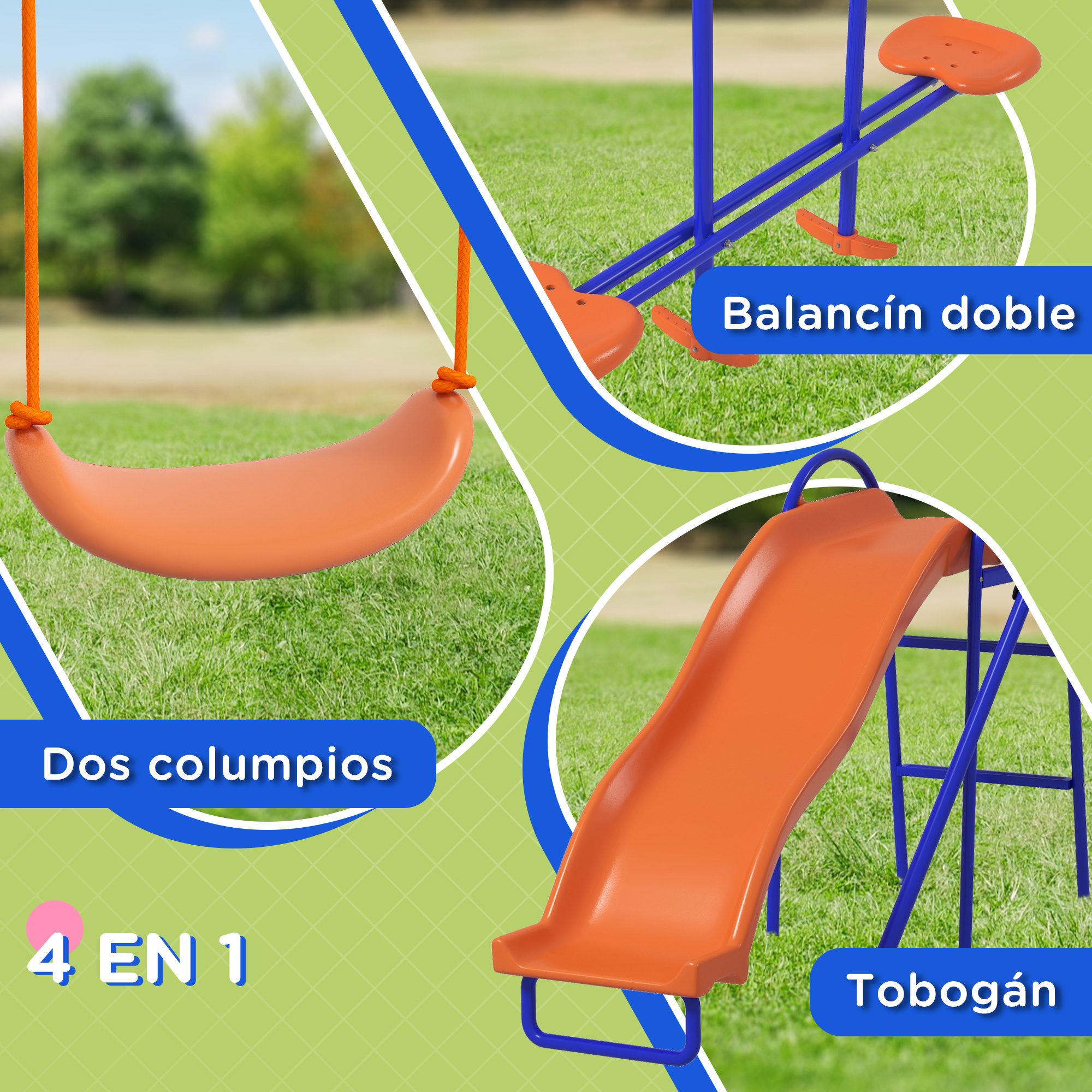 Juego de exterior con columpio naranja, balancín y tobogán sobre césped verde.
