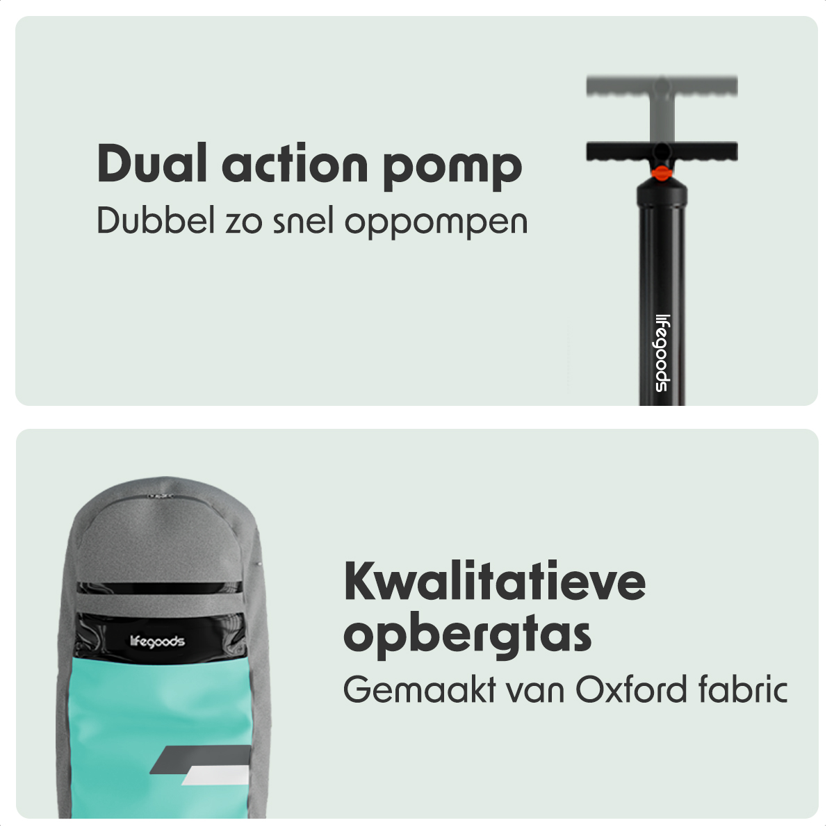 De afbeeldingen tonen een dubbelwerkende pomp en een opbergtas.