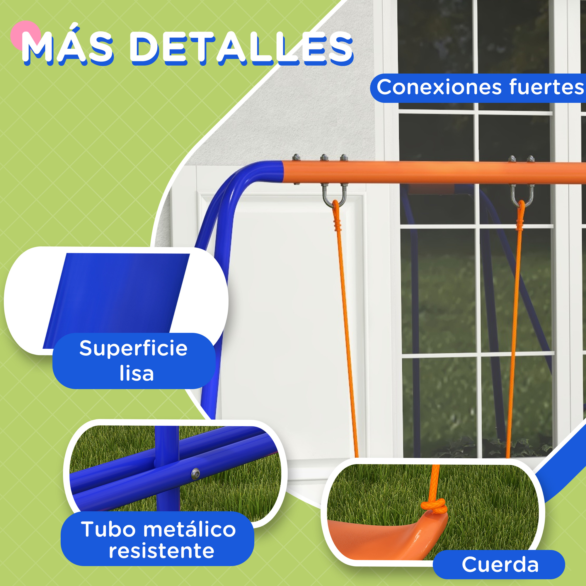 Primer plano de los detalles del equipo del patio de recreo: superficie lisa, tubo de metal, cuerda.
