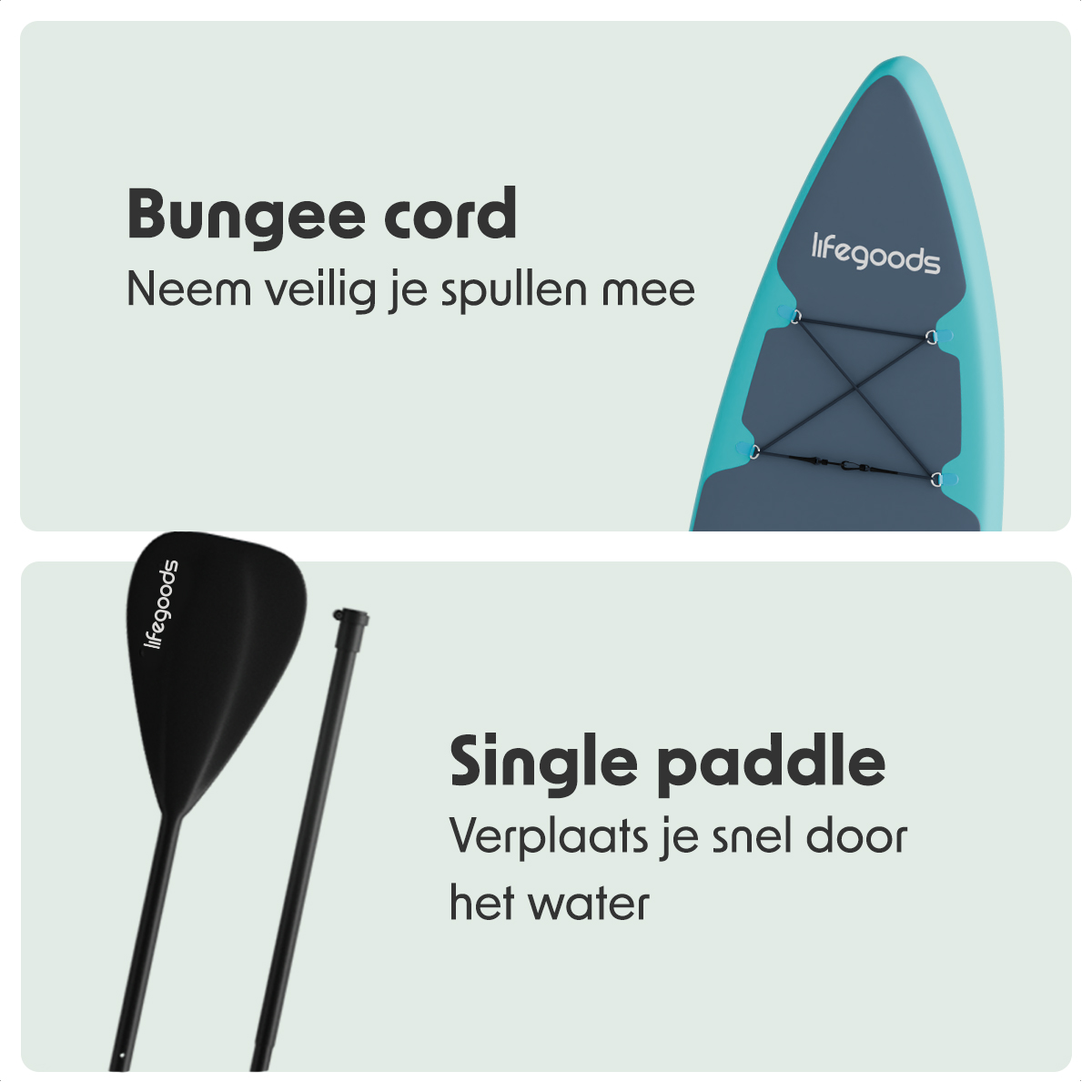 De afbeeldingen tonen een paddleboard-bungee-koord en een enkele peddel.