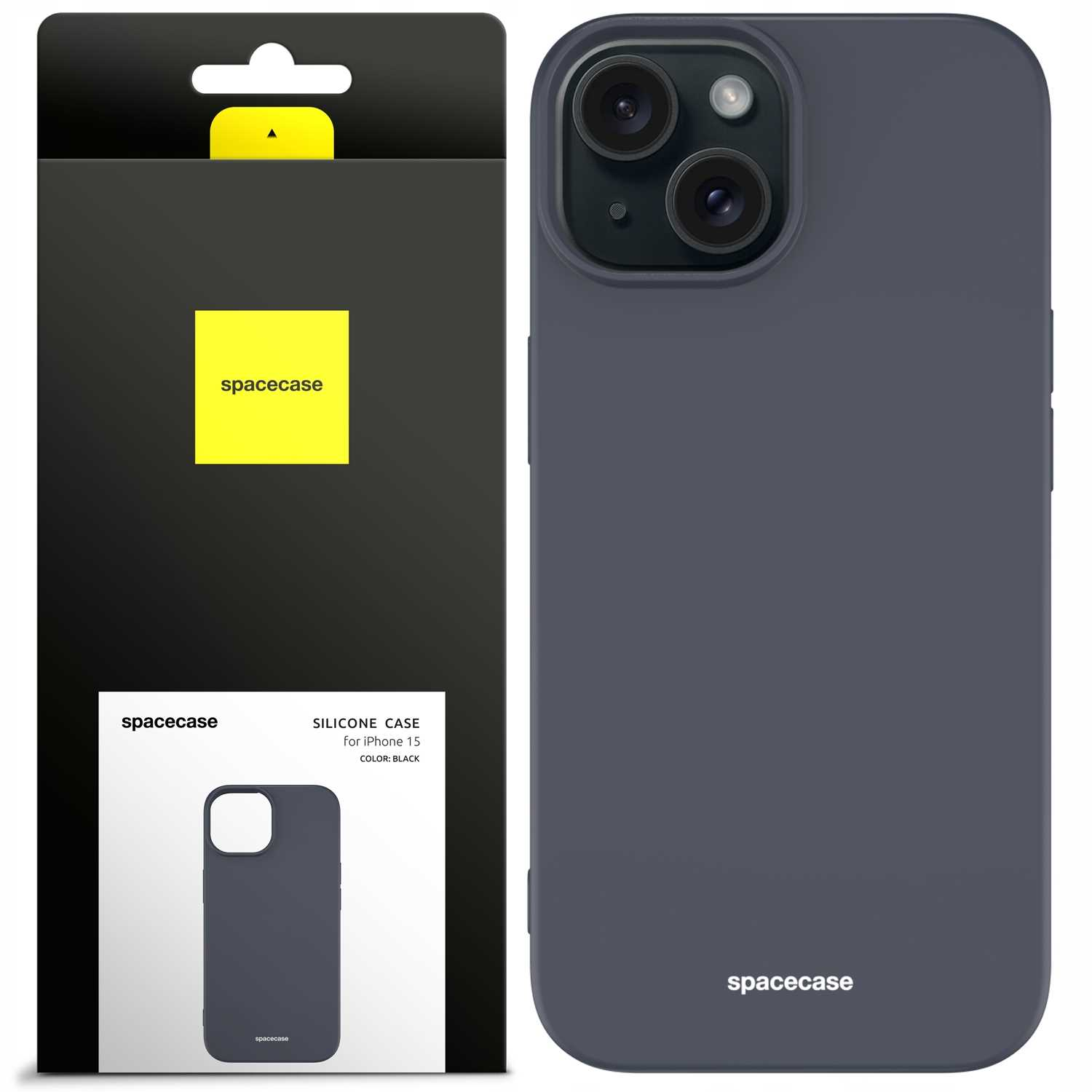 Czarne silikonowe etui do iPhone'a 15 w opakowaniu i na telefonie.