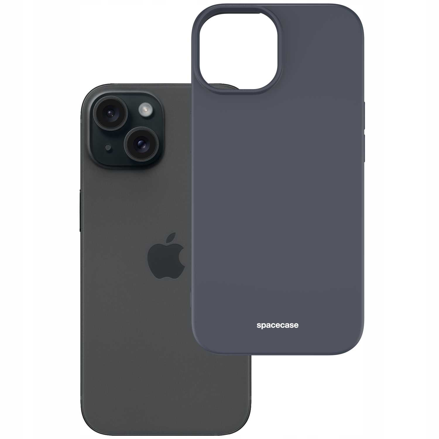iPhone 15 w czarnym silikonowym etui obok etui.