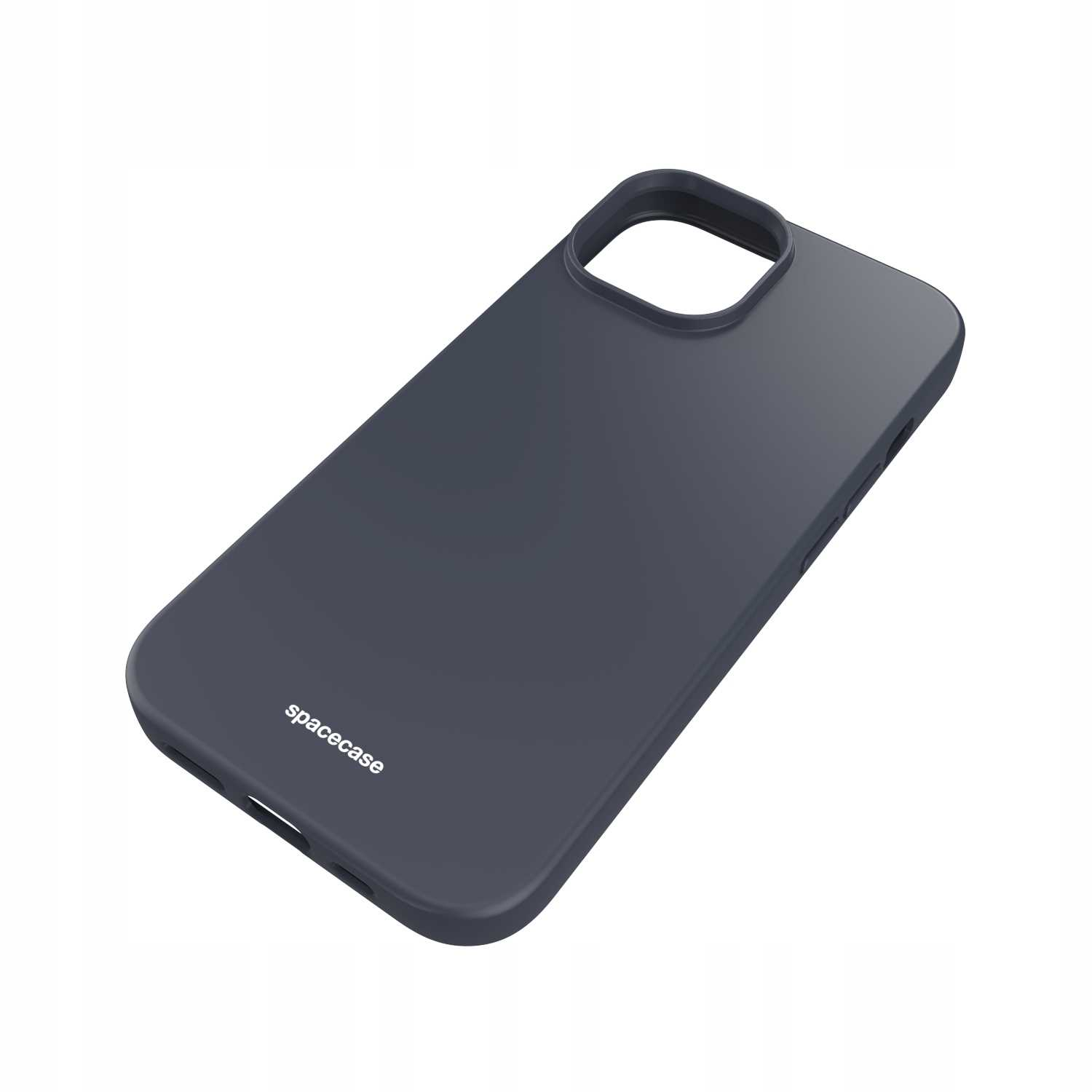 Ukośny widok czarnego silikonowego etui na iPhone'a 15.