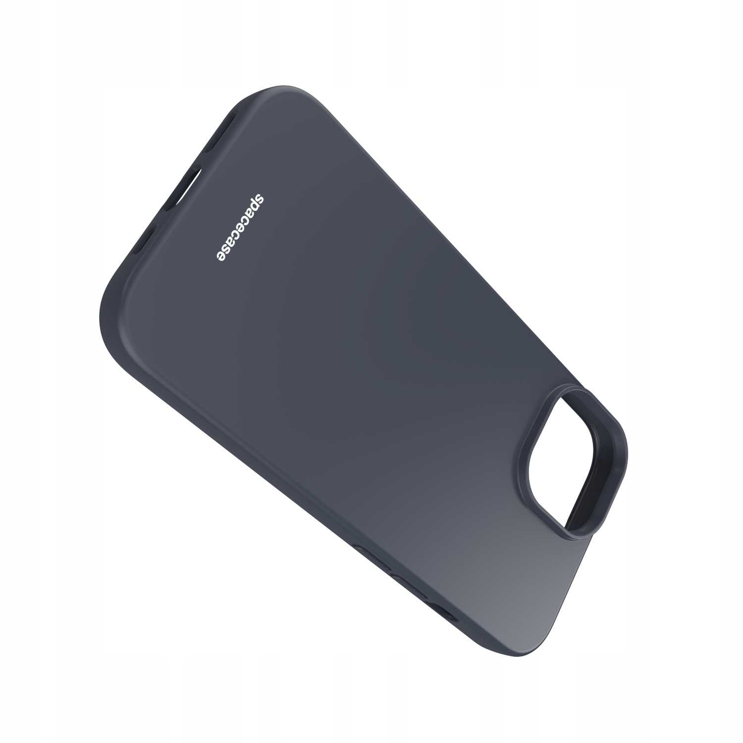Czarne silikonowe etui na iPhone'a 15 leży na boku.