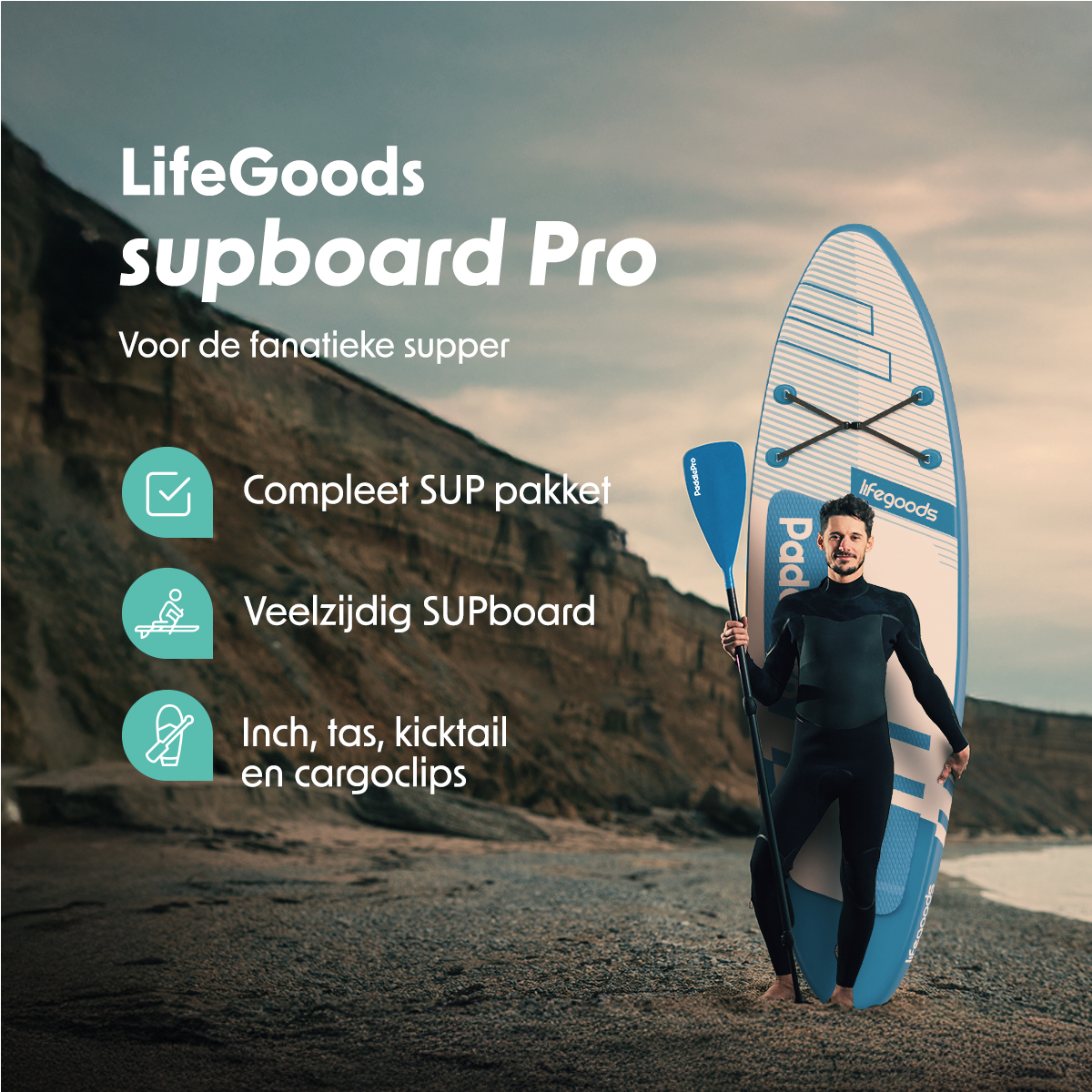 Mann im Neoprenanzug mit Paddleboard an einem Strand, der für LifeGoods Supboard Pro wirbt.