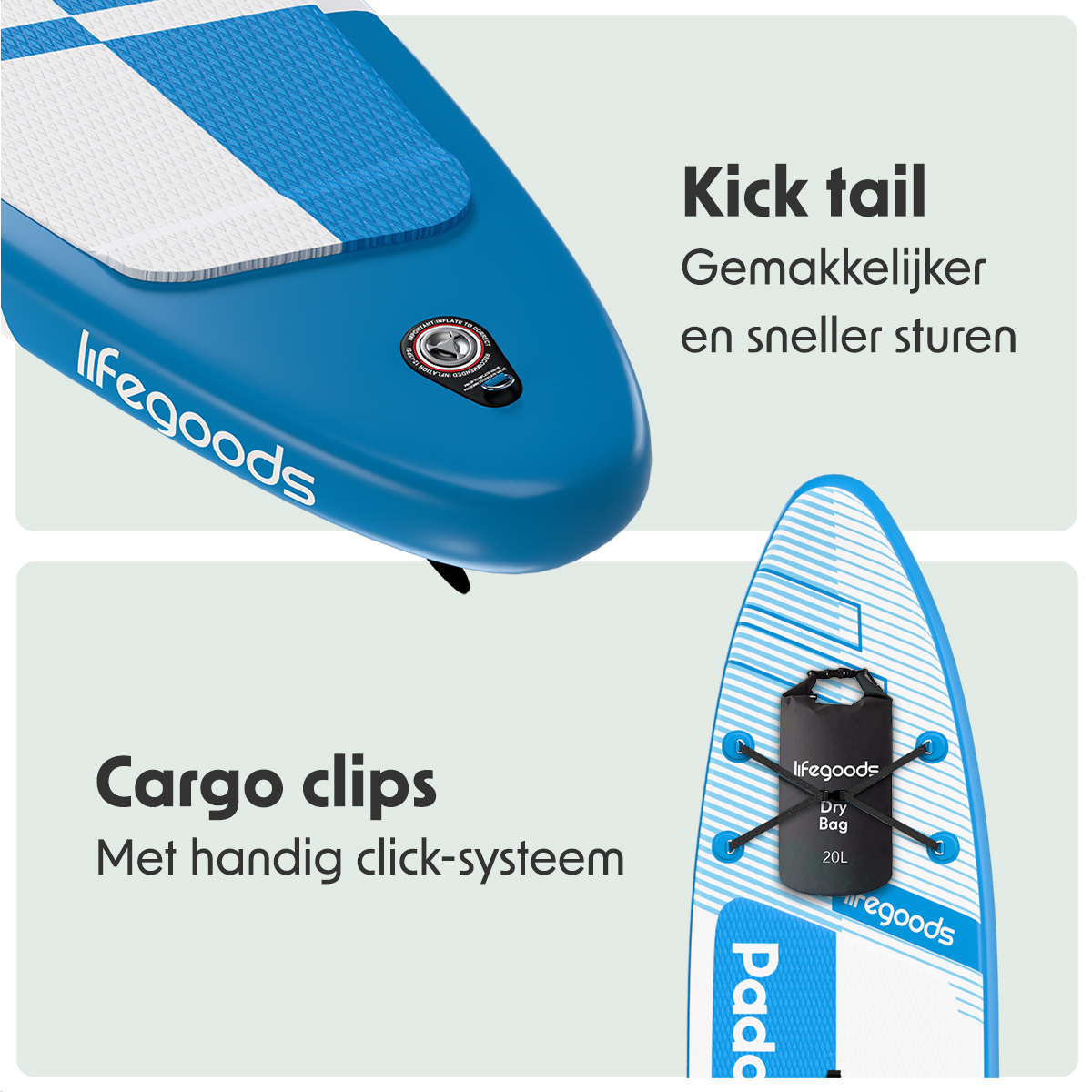 Paddleboard-Details: Kicktail, Cargoclips und eine am Board befestigte Drybag.