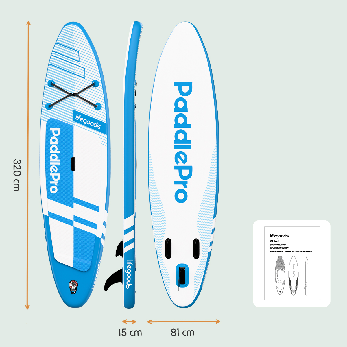 Paddleboard-Abmessungen: 320 cm Länge, 15 cm Dicke und 81 cm Breite, mit Diagrammen.