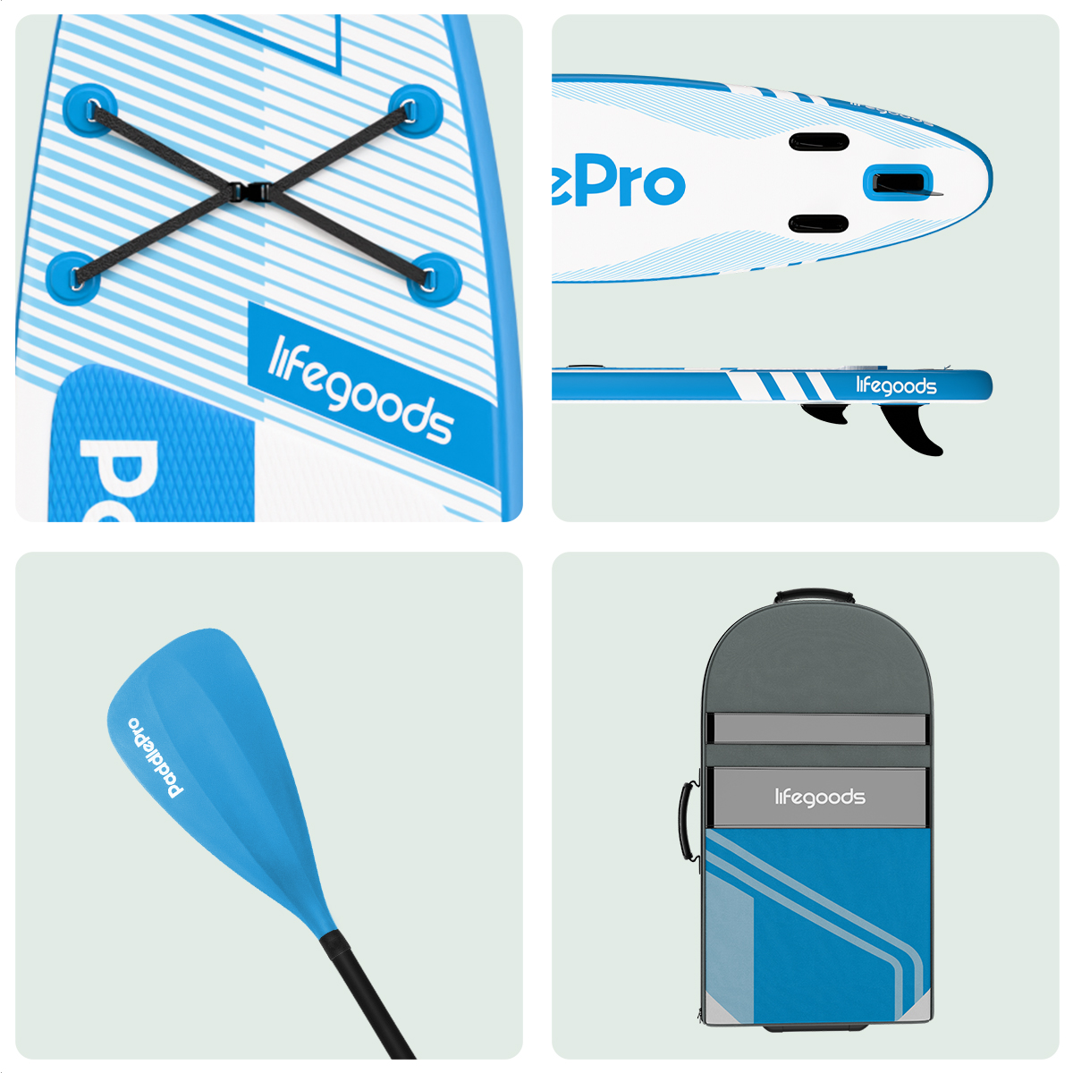 Paddleboard-Details: Befestigungspunkte, Finne, Paddel und Tragetasche auf hellgrünem Hintergrund.