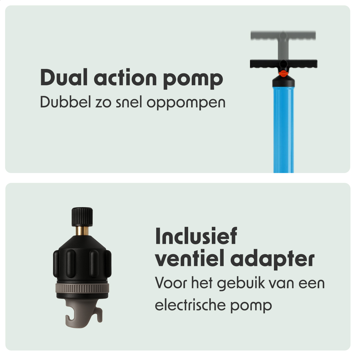 Doppelhubpumpe und Ventiladapter für eine elektrische Pumpe, mit Text auf Niederländisch.