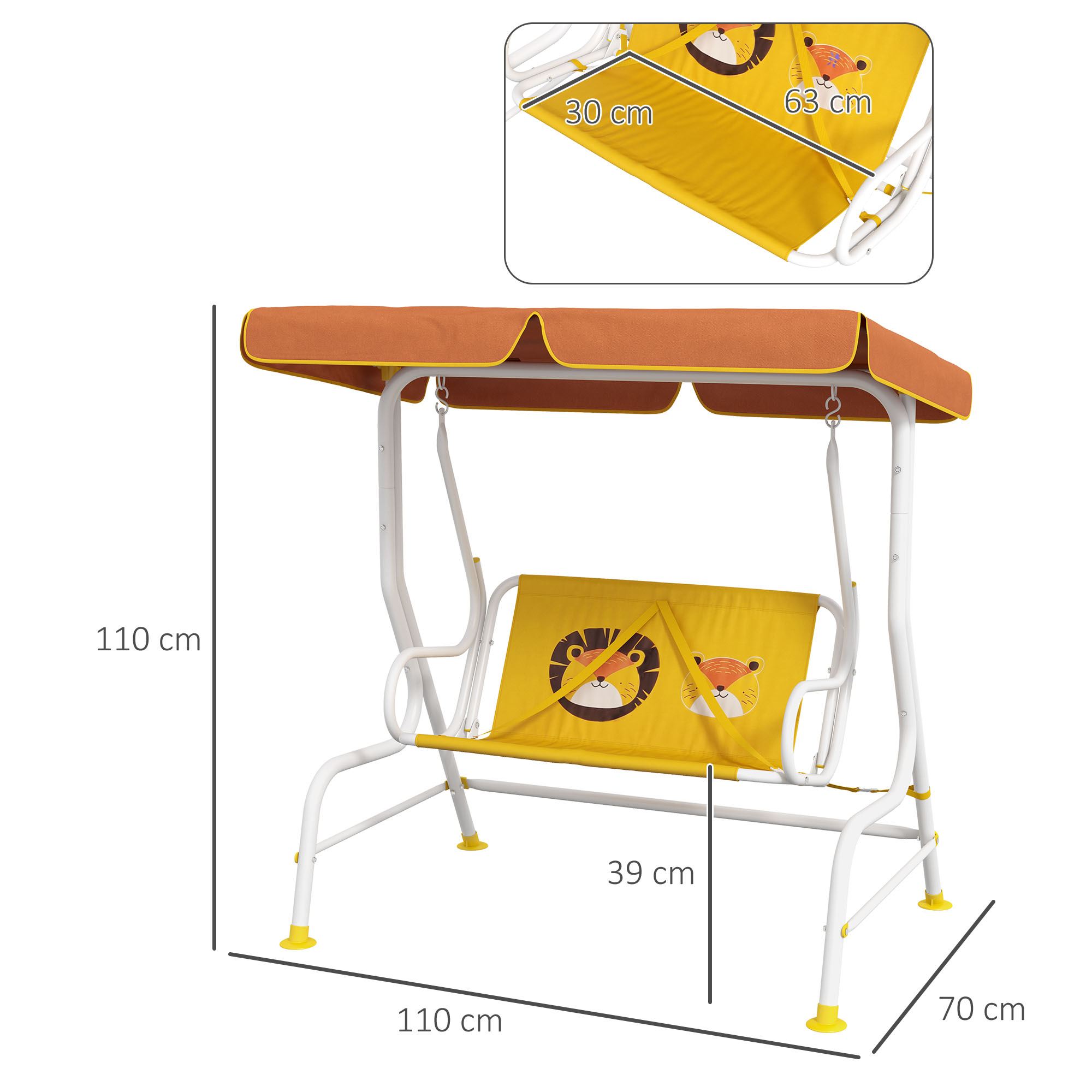 Un columpio infantil con diseño de león. Tiene un toldo marrón y se muestran las dimensiones.