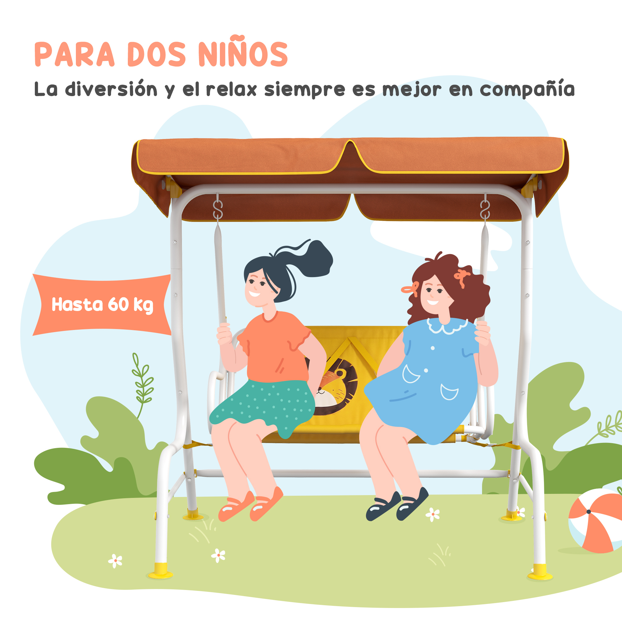 Ilustración de dos niñas columpiándose en un columpio. El texto dice: 'Para dos niños' y 'Hasta 60 kg'.