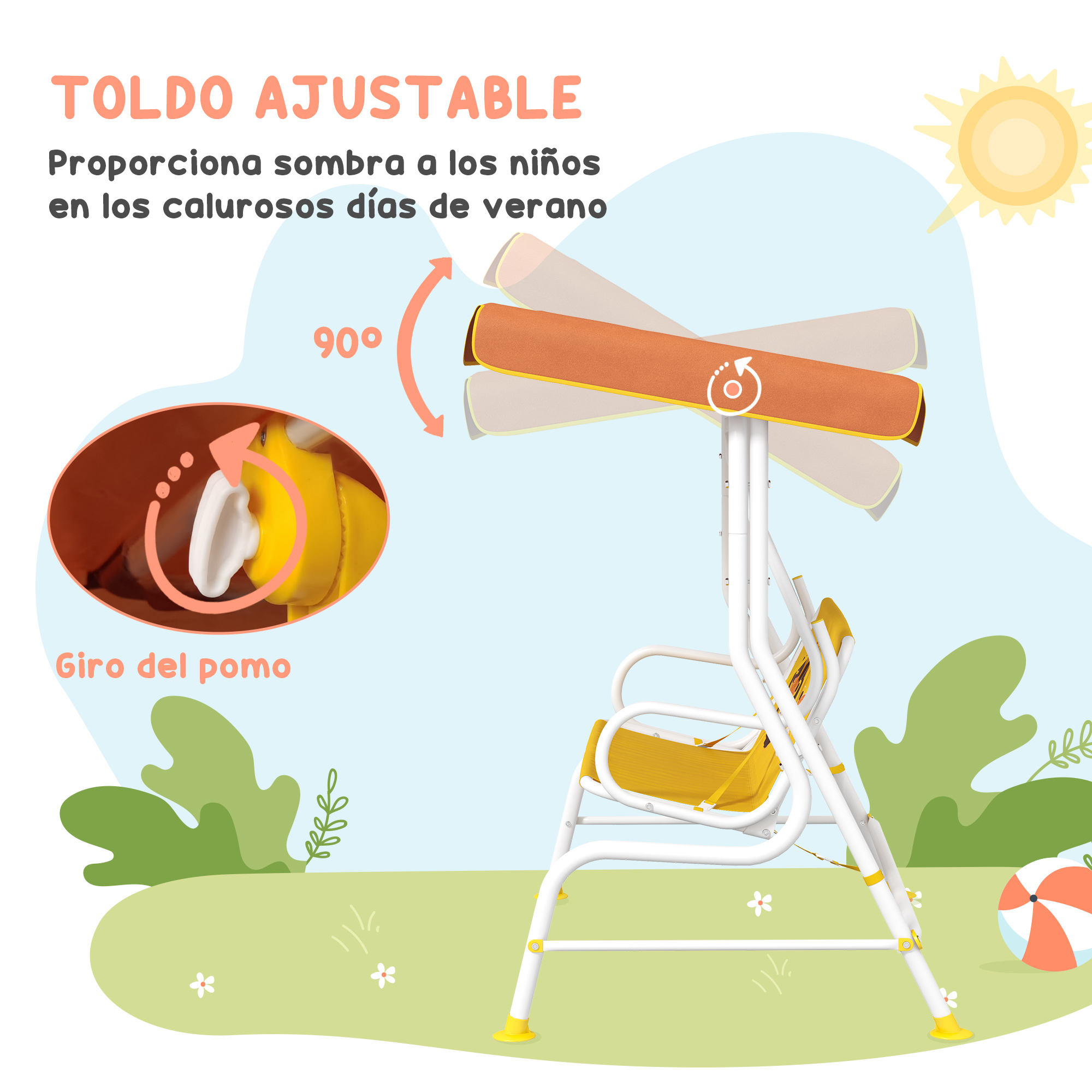 Un columpio con toldo ajustable. El toldo se puede girar hasta 90 grados. Se muestra un primer plano.