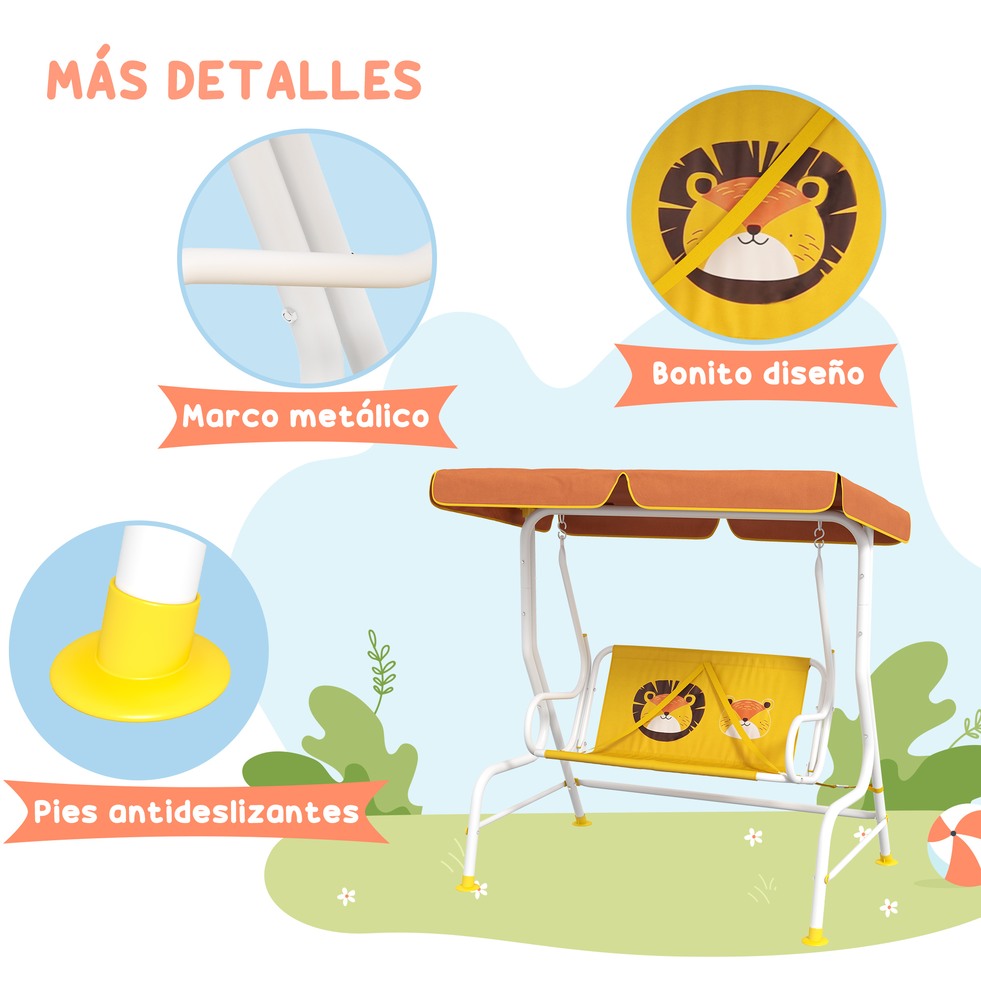 Detalles de un columpio. Incluye marco de metal, pies antideslizantes y diseño de asiento con temática de león.