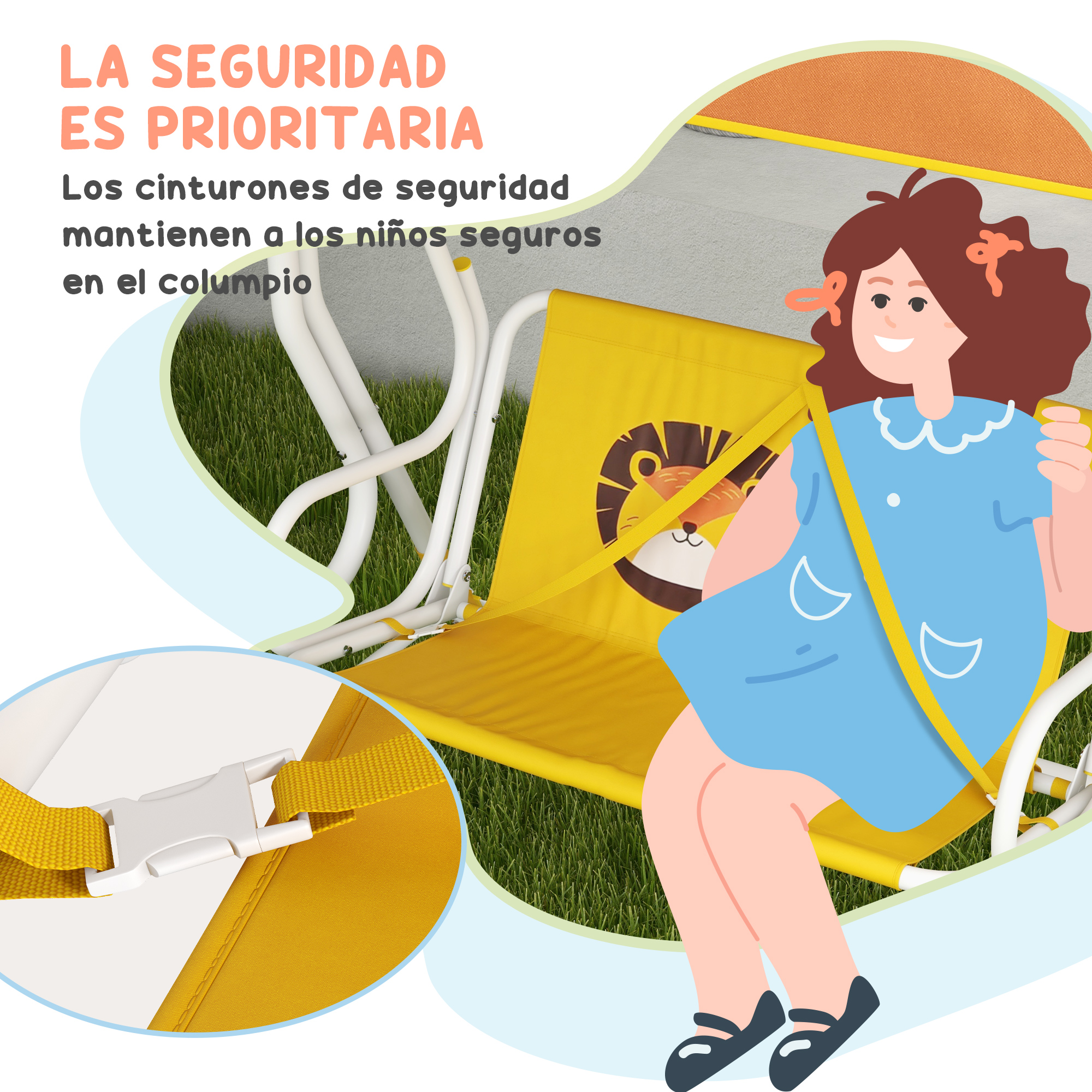 Una niña en un columpio, con un primer plano del cinturón de seguridad. El texto dice, la seguridad es una prioridad.