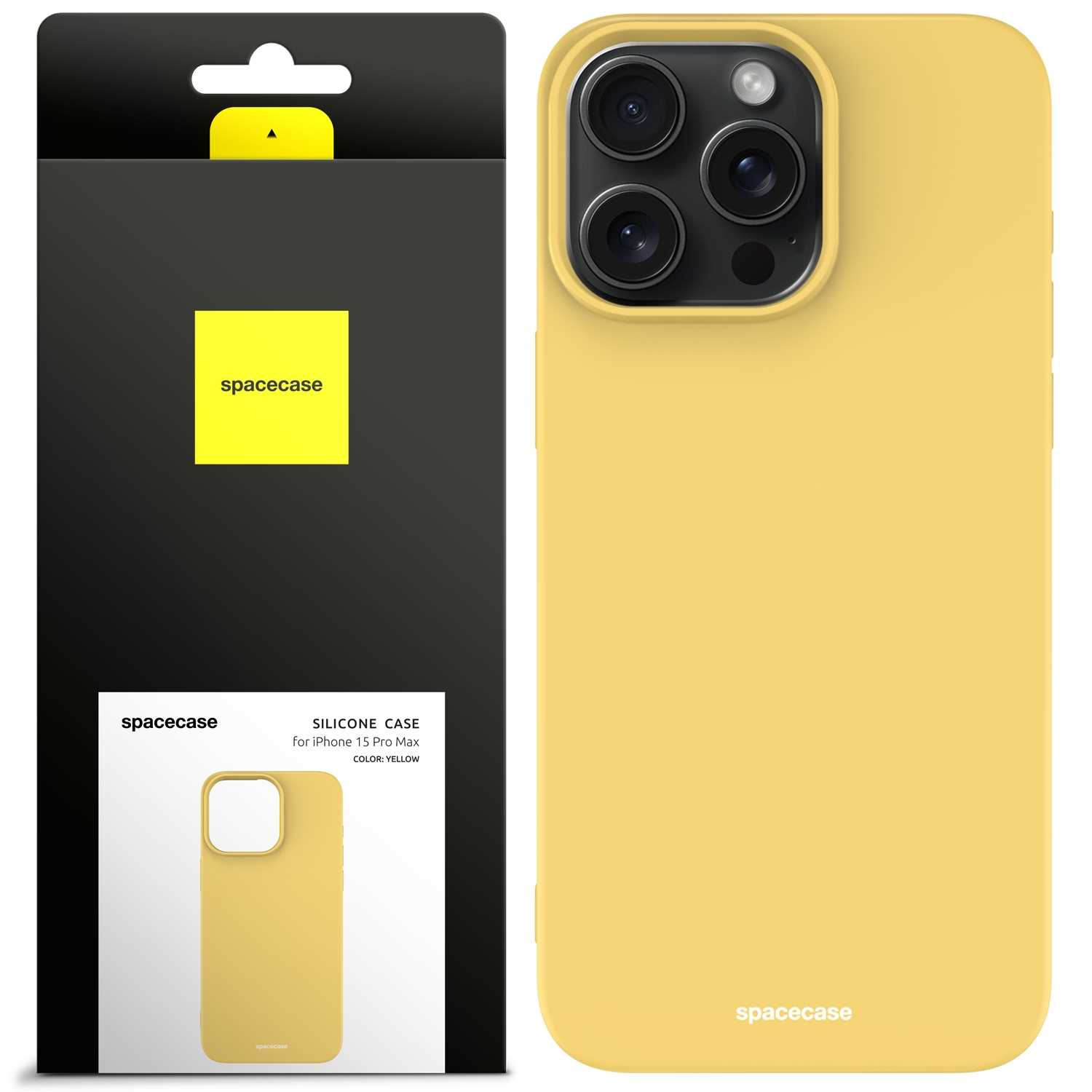 Zdjęcie przedstawia żółte etui na telefon obok opakowania, na którym znajduje się logo Spacecase i mniejszy obraz etui.