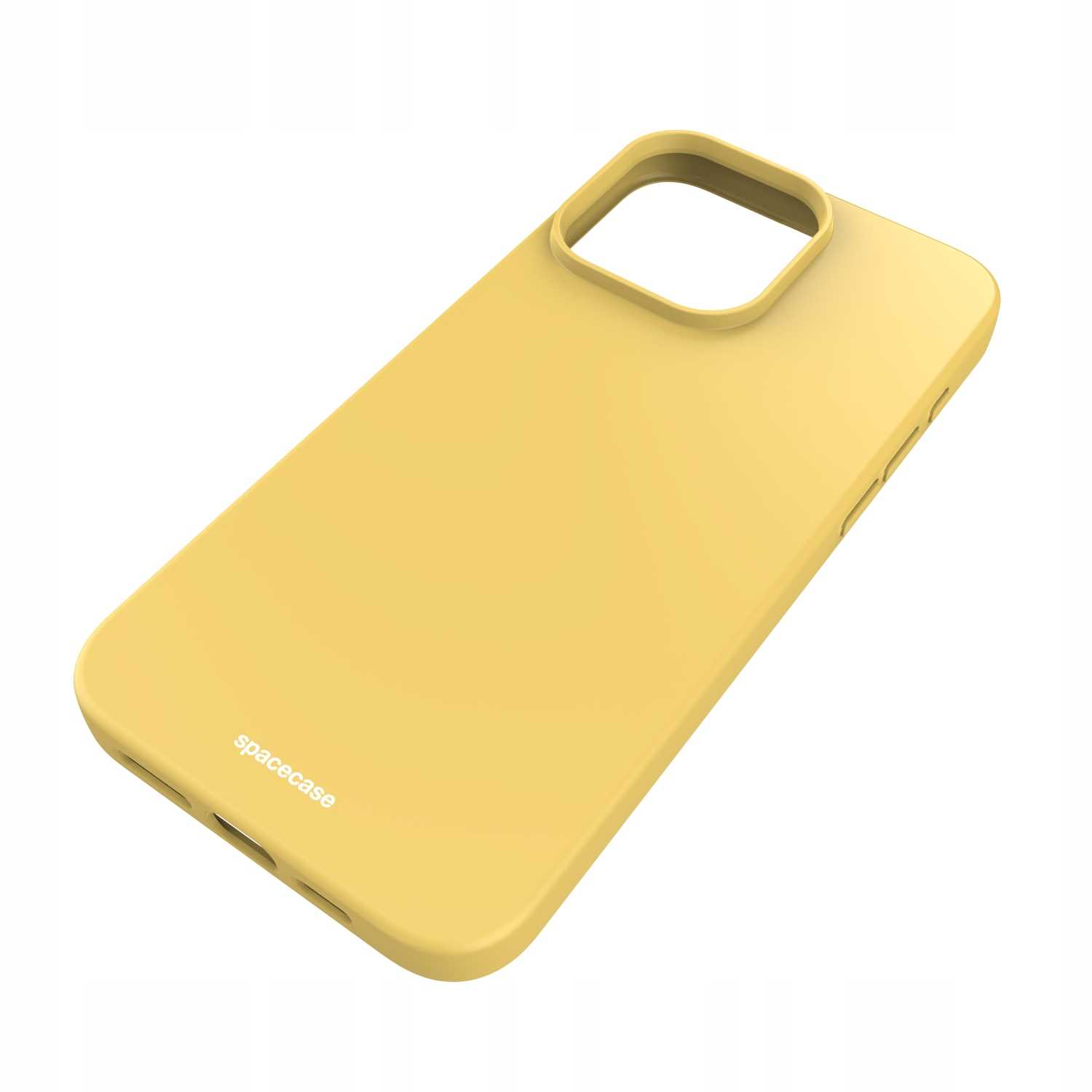 Zbliżenie żółtego etui na telefon pod kątem, prezentujące jego gładką powierzchnię i subtelny branding ze słowem "spacecase".
