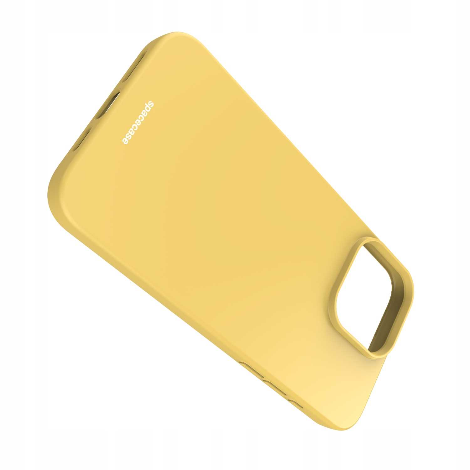 Ukośny widok żółtego etui na telefon, pokazujący wycięcie na aparat i branding "spacecase". Etui ma gładkie, matowe wykończenie.