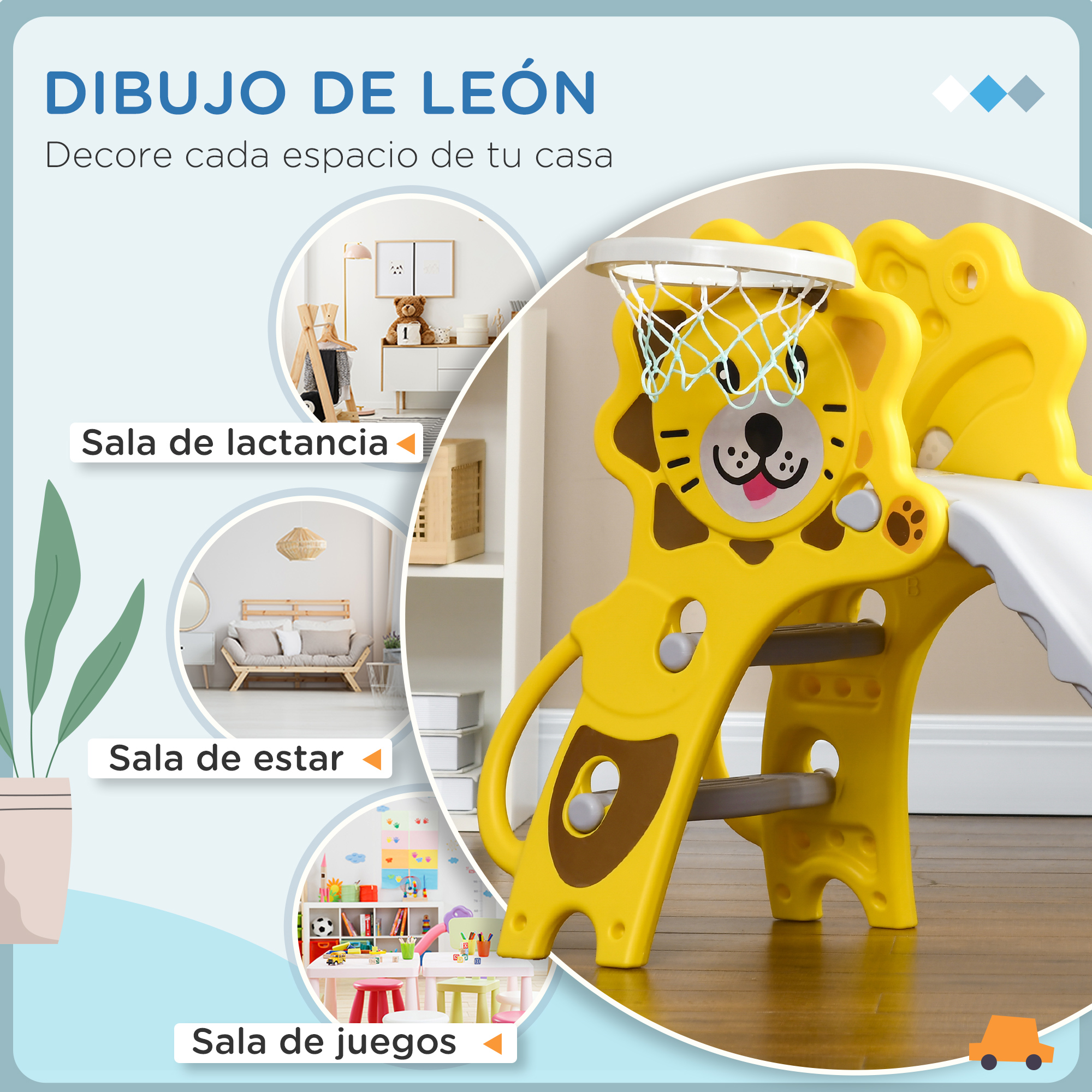 La imagen muestra un tobogán amarillo con temática de león y un aro de baloncesto, con texto en español que describe la ubicación de las habitaciones.