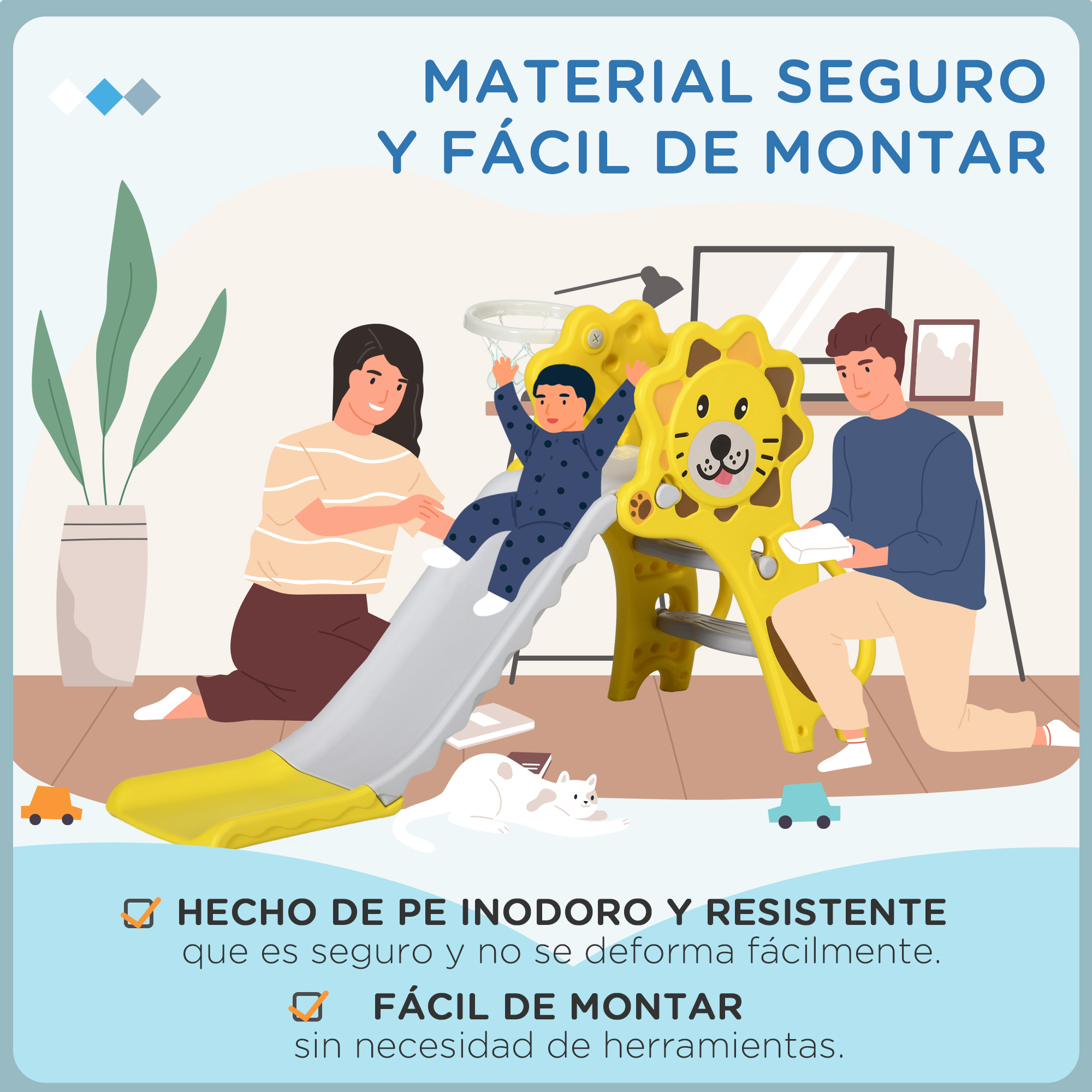 Una familia disfruta de un tobogán amarillo con temática de león en interiores, con un niño deslizándose.