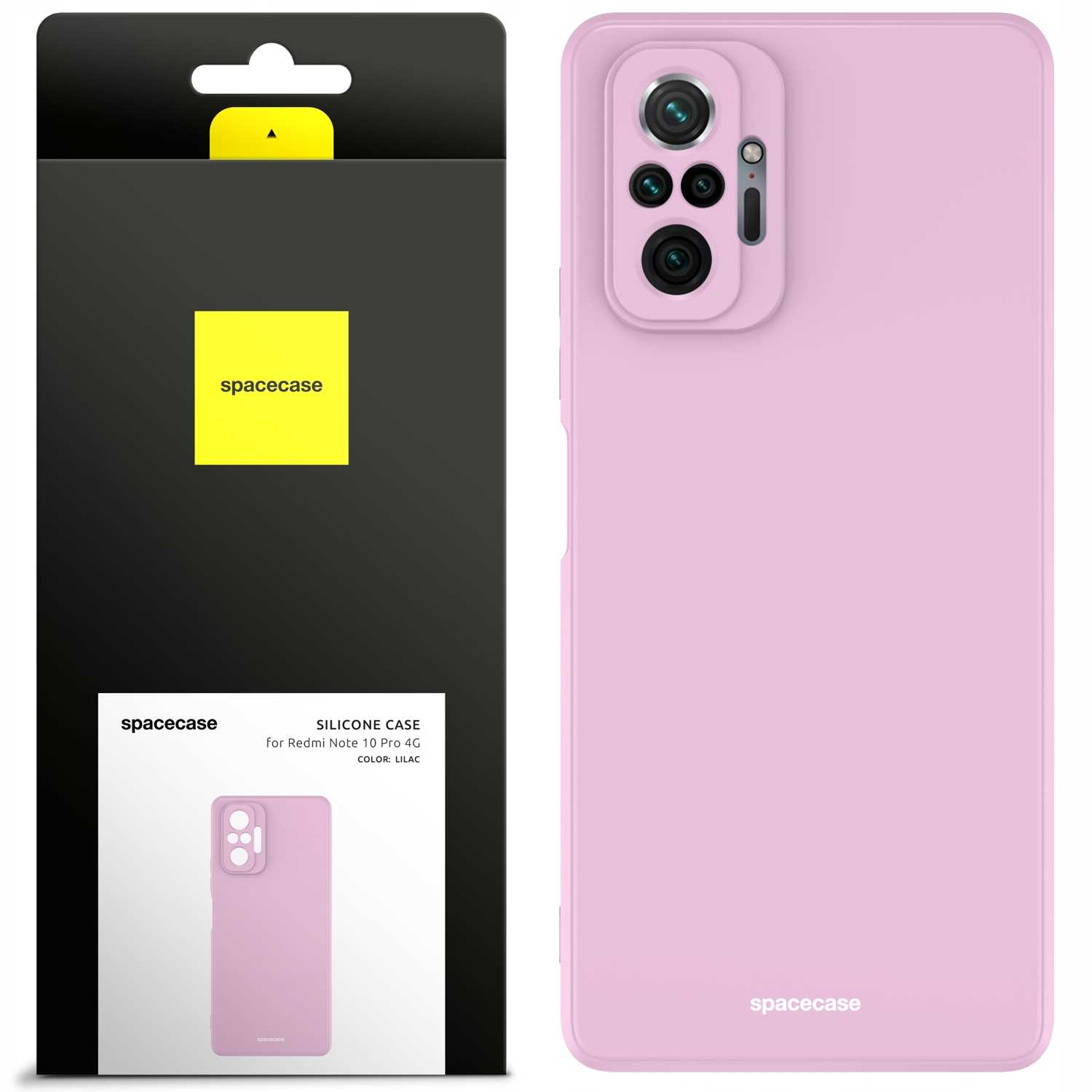 Fioletowe silikonowe etui na telefon firmy spacecase jest wyświetlane obok opakowania.