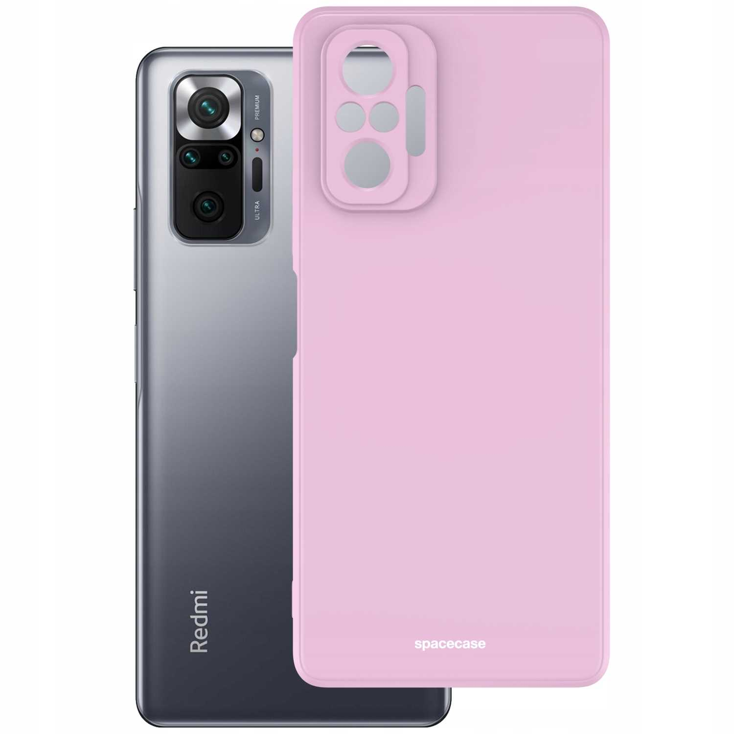 Fioletowe silikonowe etui na telefon spacecase jest wyświetlane obok telefonu Redmi.
