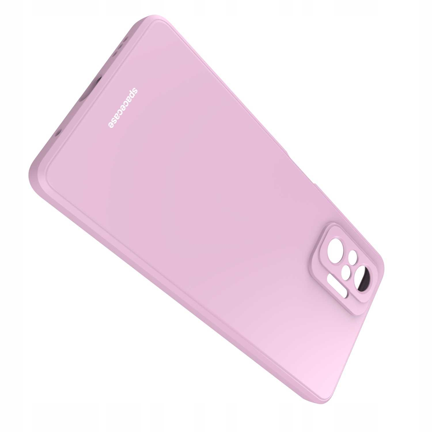 Jasnoróżowe etui na telefon z wycięciami na aparat jest ustawione pod kątem na białej powierzchni.