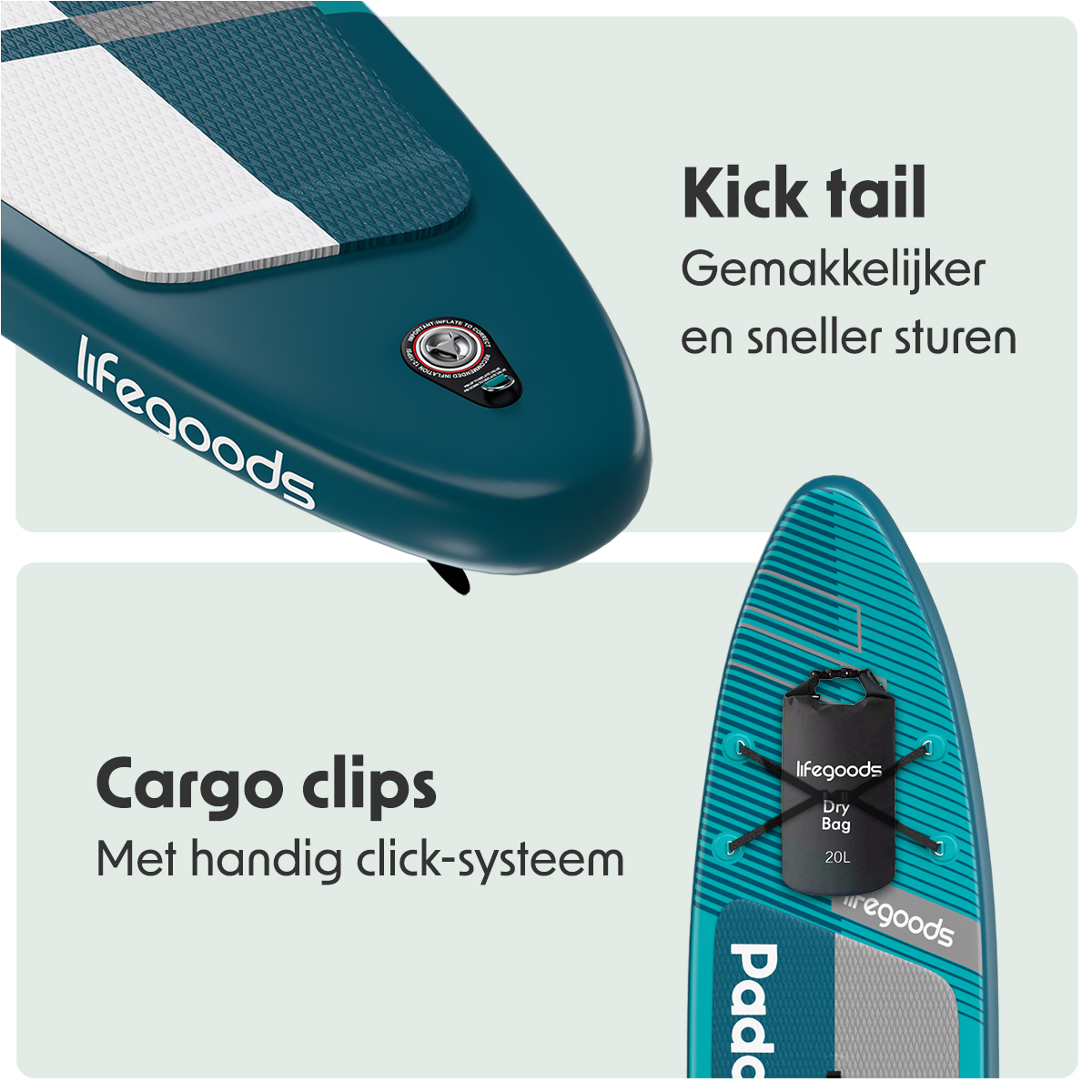 Close-up van de staart van een paddleboard en vrachtclips met tekstoverlays.