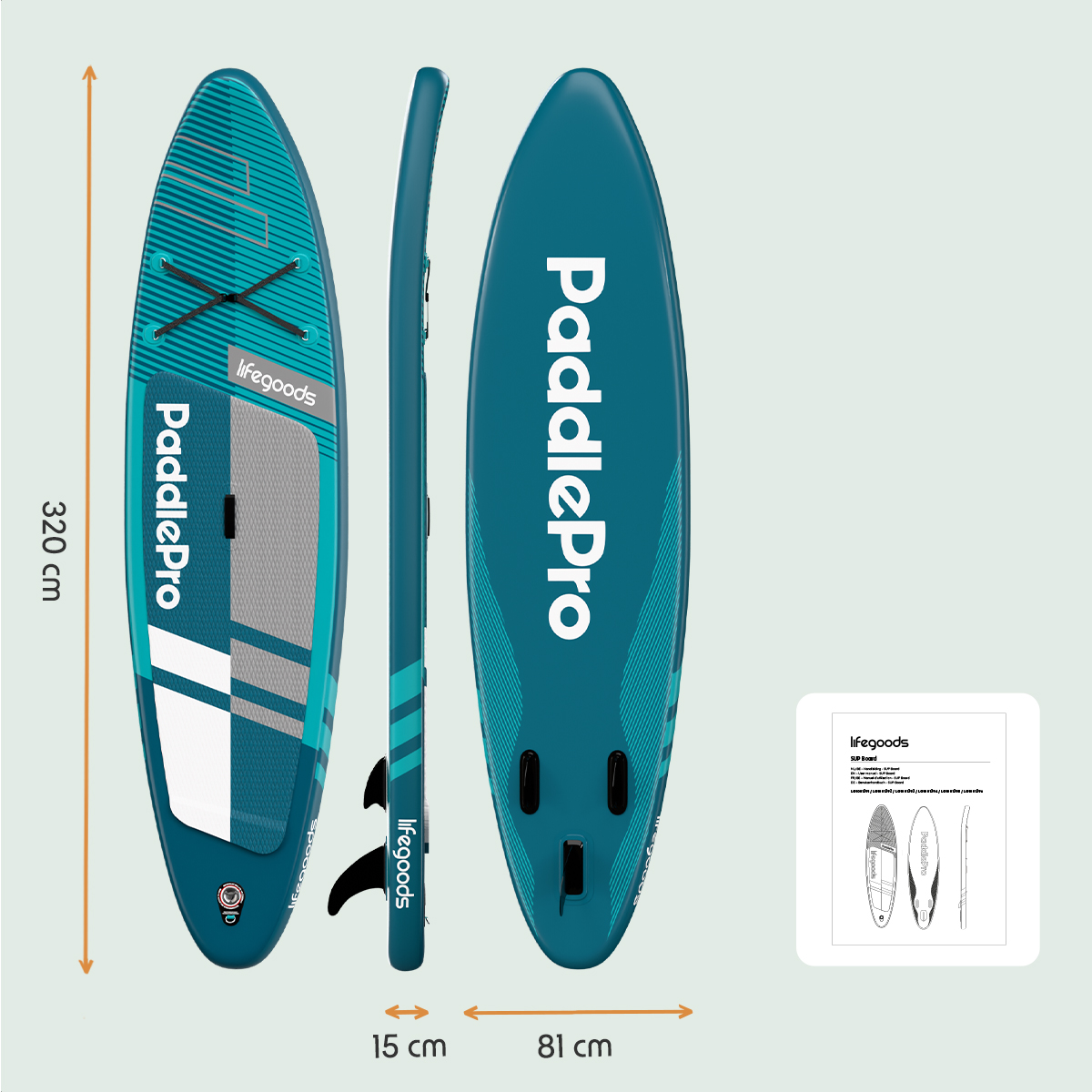 Een blauw paddleboard wordt weergegeven met afmetingen en productinformatie.