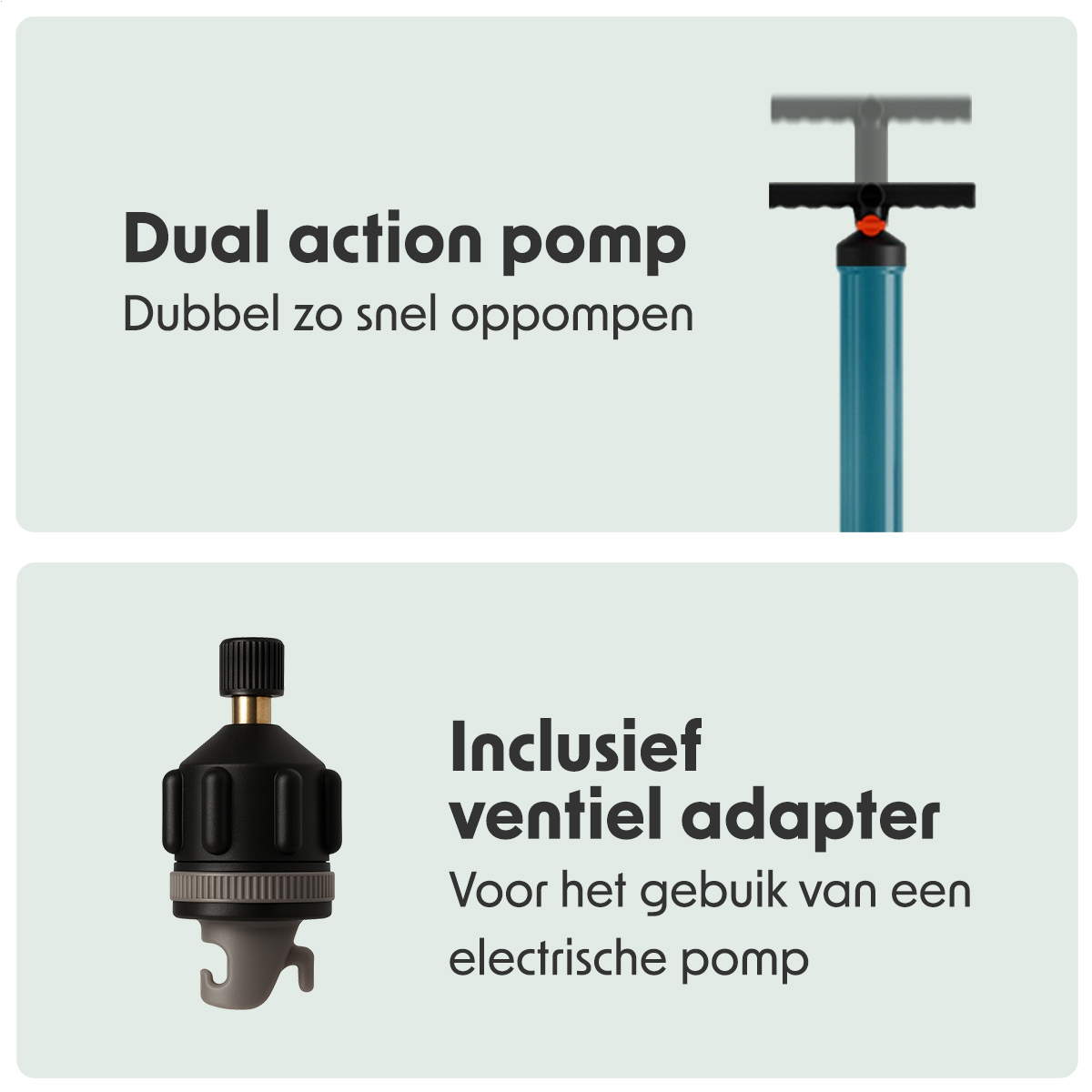 Tekst benadrukt een dual-action pomp en een ventieladapter voor een paddleboard.