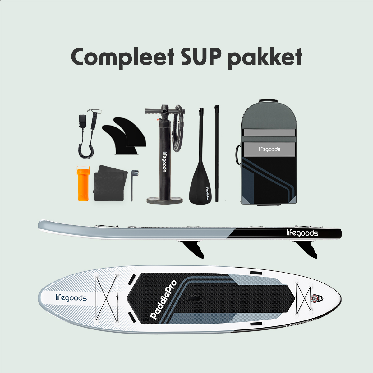 Een reeks paddleboarding-uitrusting, waaronder een board, pomp, peddel, tas en accessoires, uitgestald op een lichte achtergrond.