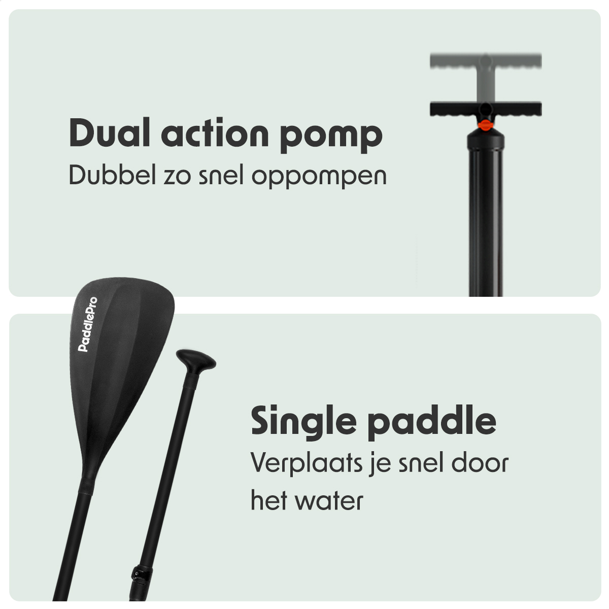 Close-up van een dubbelwerkende pomp en een enkele peddel voor paddleboarding, tegen een gespleten achtergrond.