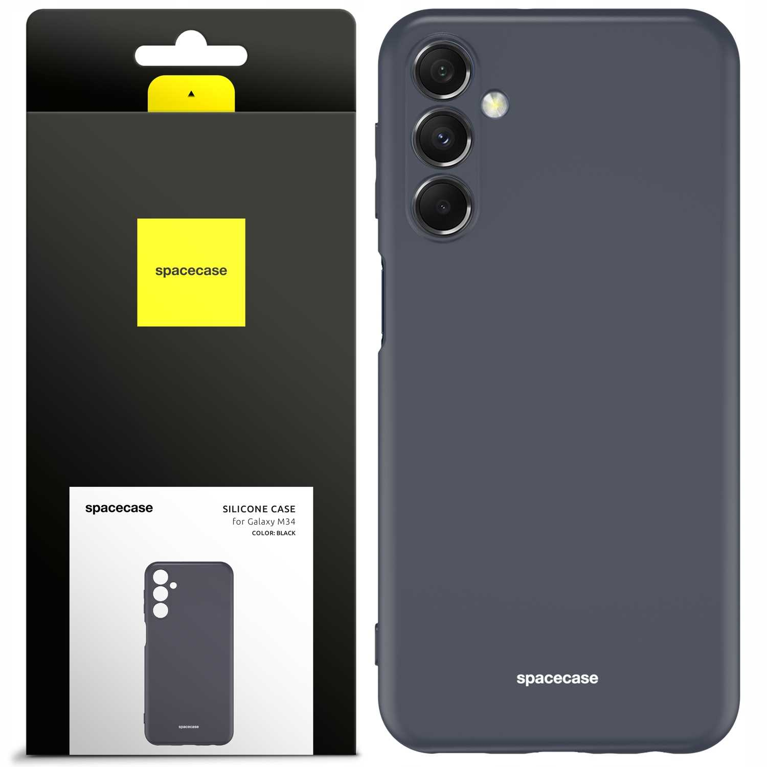 Ciemnoszare etui na telefon obok pudełka z napisem „spacecase” na obu.