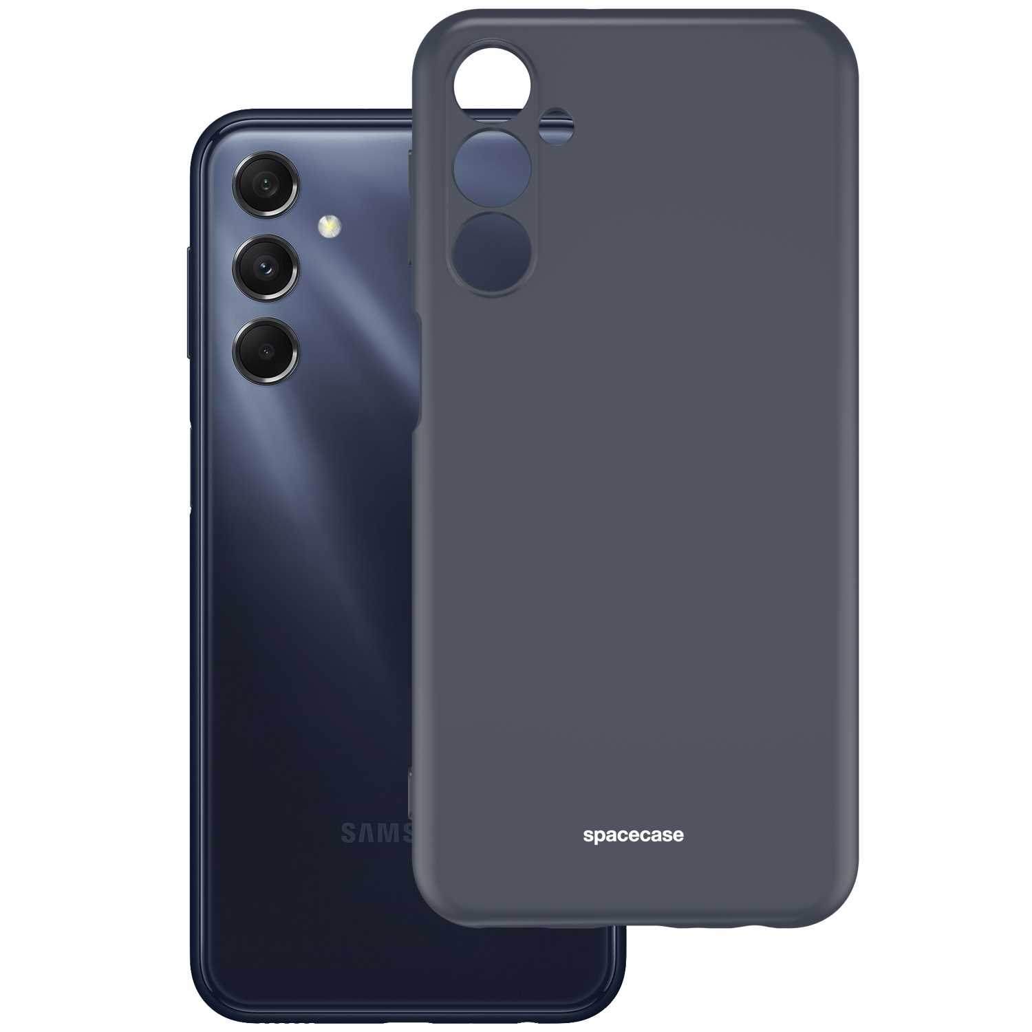 Szare etui na telefon leżące obok telefonu. Na etui znajduje się napis spacecase.