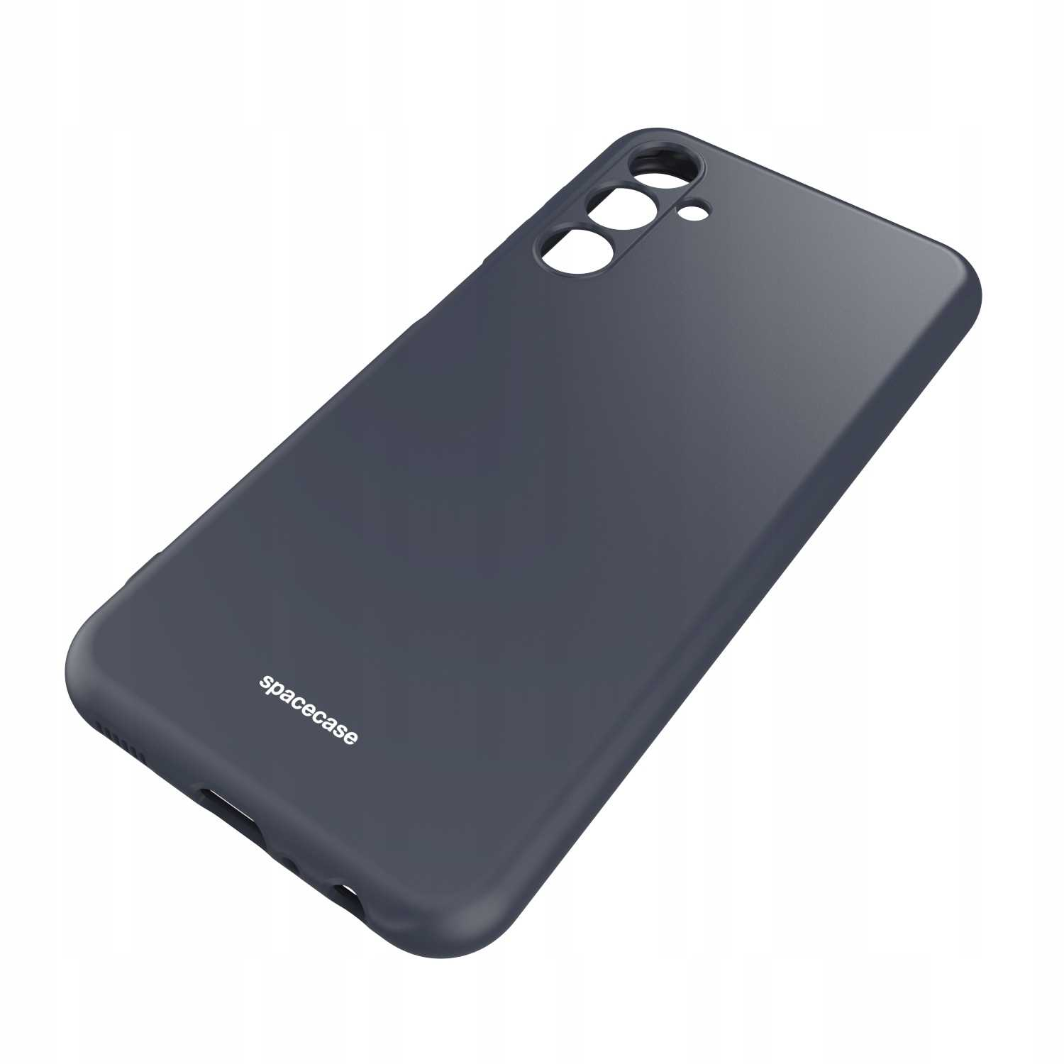 Szare etui na telefon leżące na białej powierzchni. Na etui znajduje się napis spacecase.