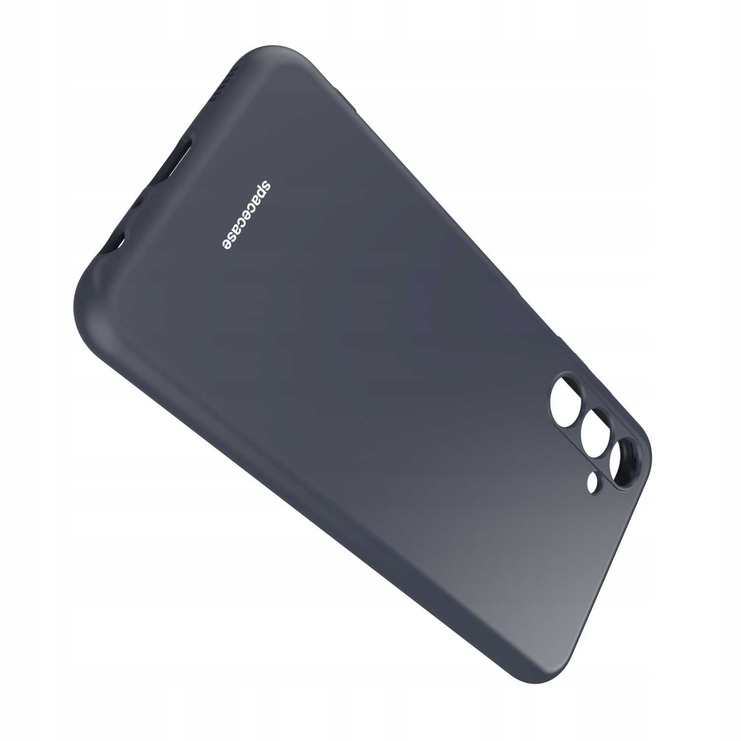 Szare etui na telefon leżące na białej powierzchni. Na etui znajduje się napis spacecase.
