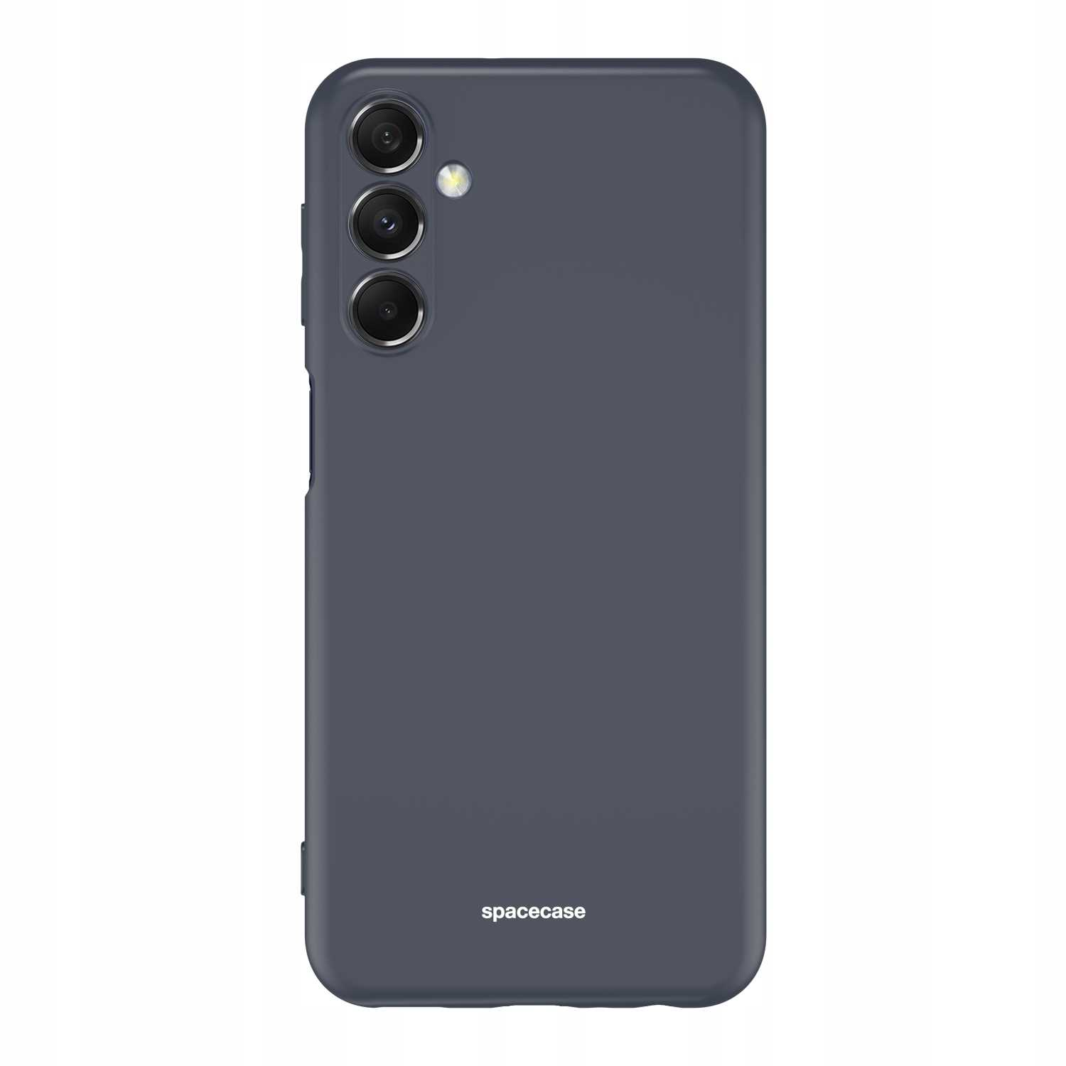 Szara obudowa telefonu z obiektywami aparatu i logo „spacecase” na białym tle.