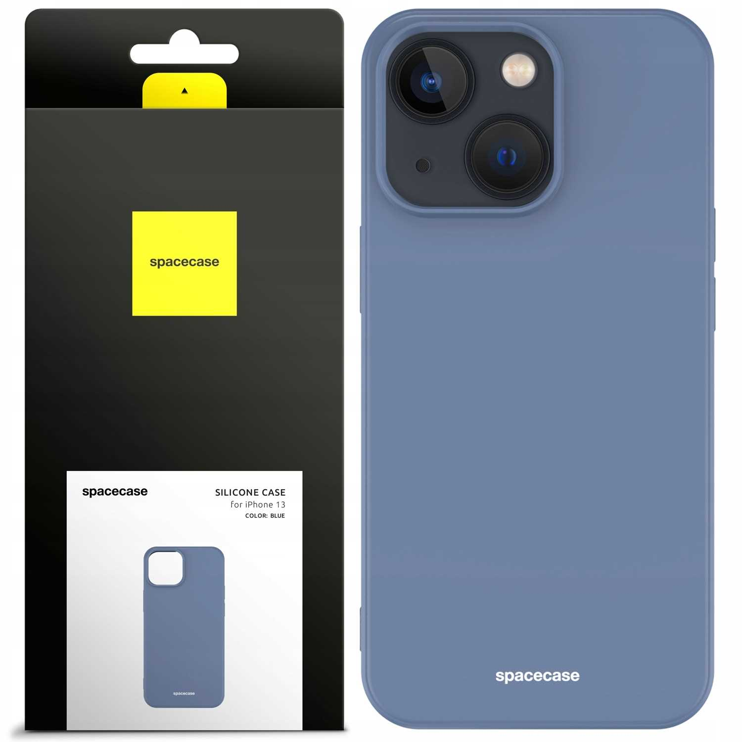 Telefon i niebieskie etui w pudełku. Etui pokazuje aparat telefonu, z logo 'spacecase' na etui.
