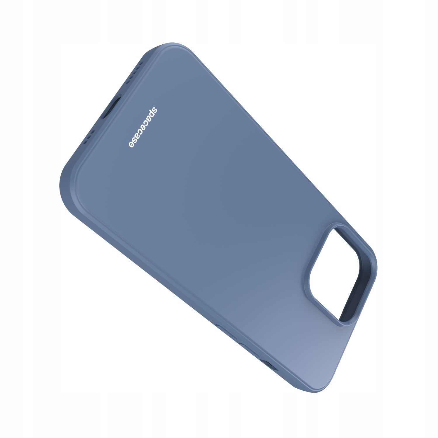 Niebieskie etui na telefon z marką 'spacecase' jest pochylone na białym tle.